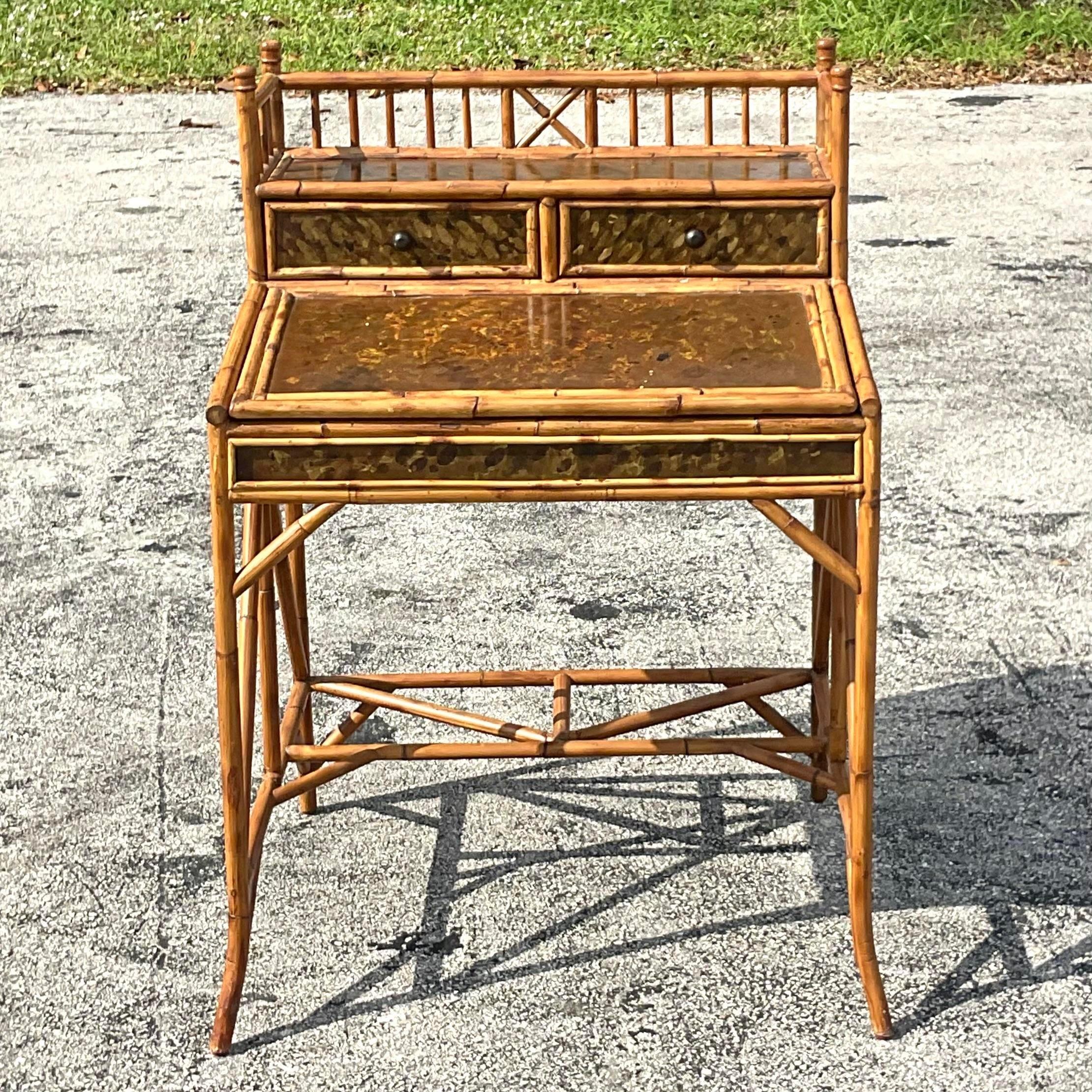 Late 20th Century Vintage Coastal Tortoise Bamboo Sloped Writing Desk and Chair 1