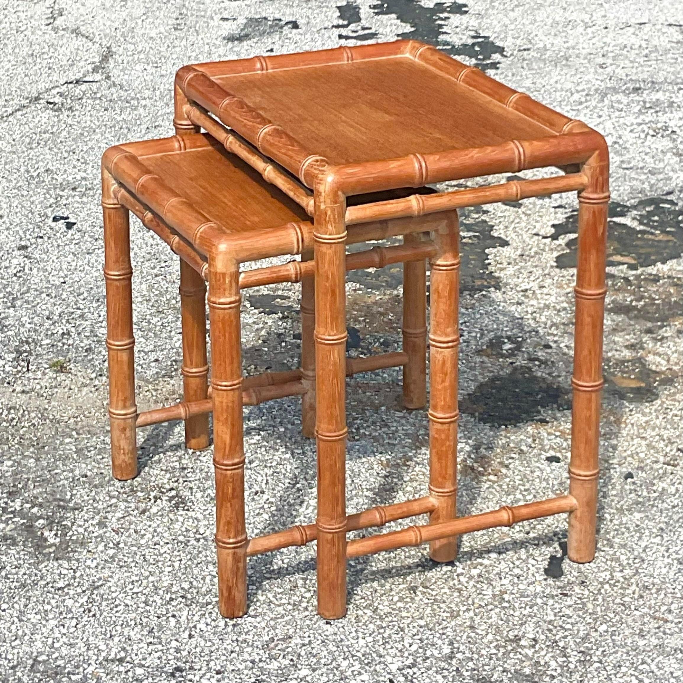 American Late 20th Century Vintage Coastal Carved Bamboo Nesting Tables - a Pair