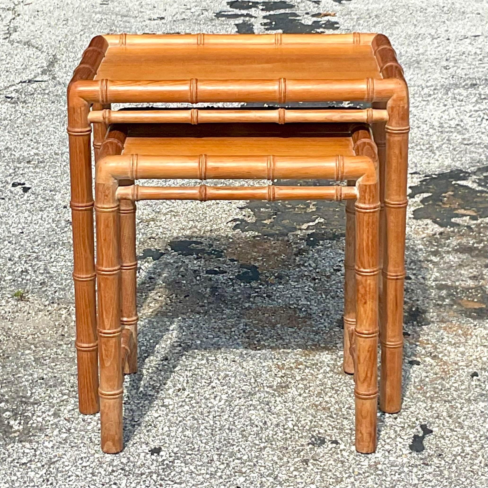Late 20th Century Vintage Coastal Carved Bamboo Nesting Tables - a Pair In Good Condition In west palm beach, FL
