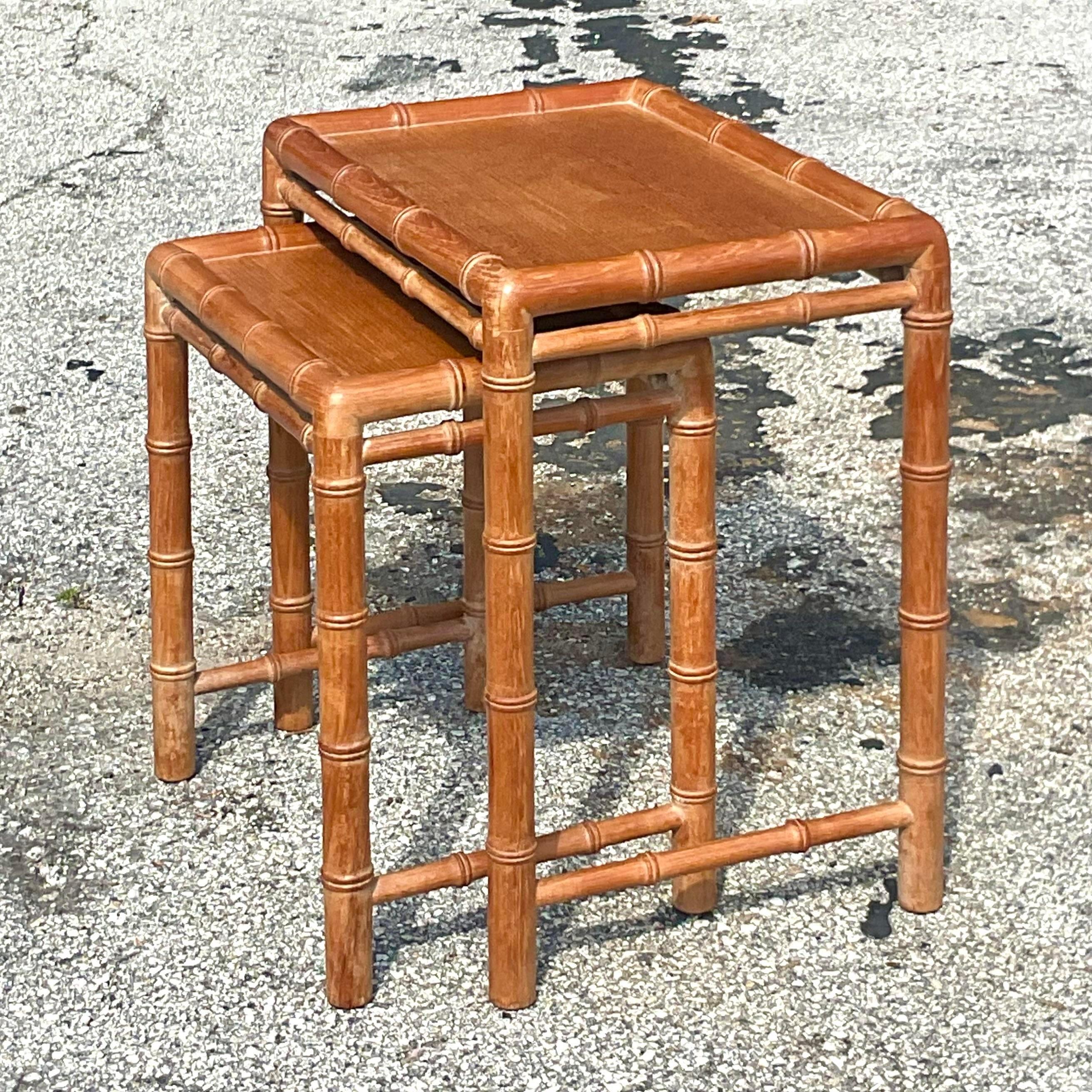 Wood Late 20th Century Vintage Coastal Carved Bamboo Nesting Tables - a Pair