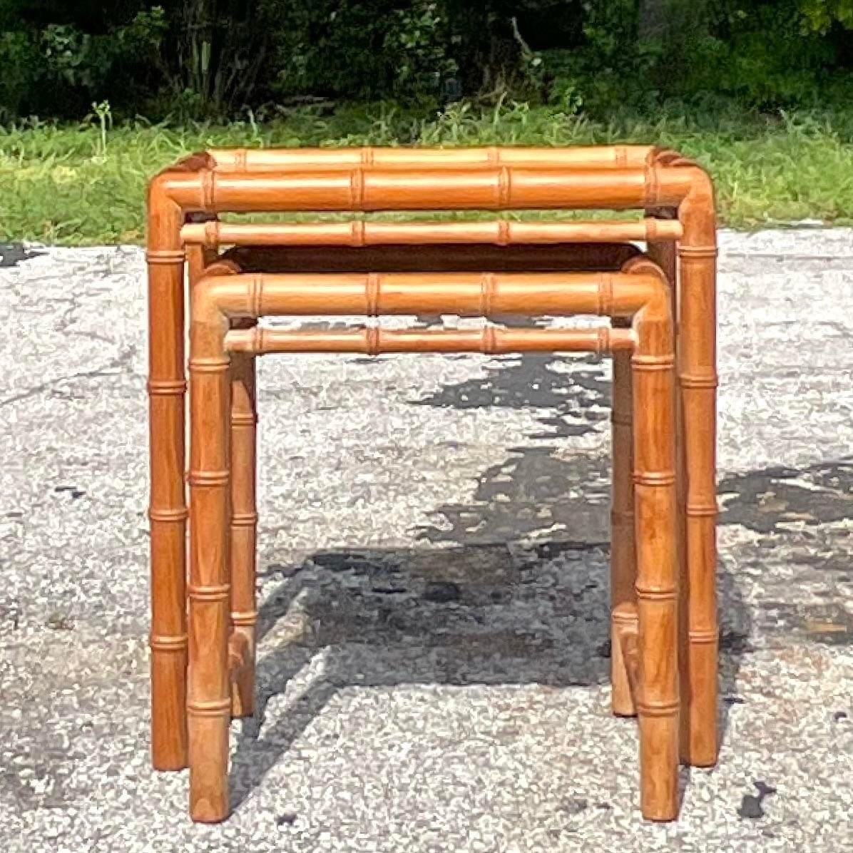 Late 20th Century Vintage Coastal Carved Bamboo Nesting Tables - a Pair 1