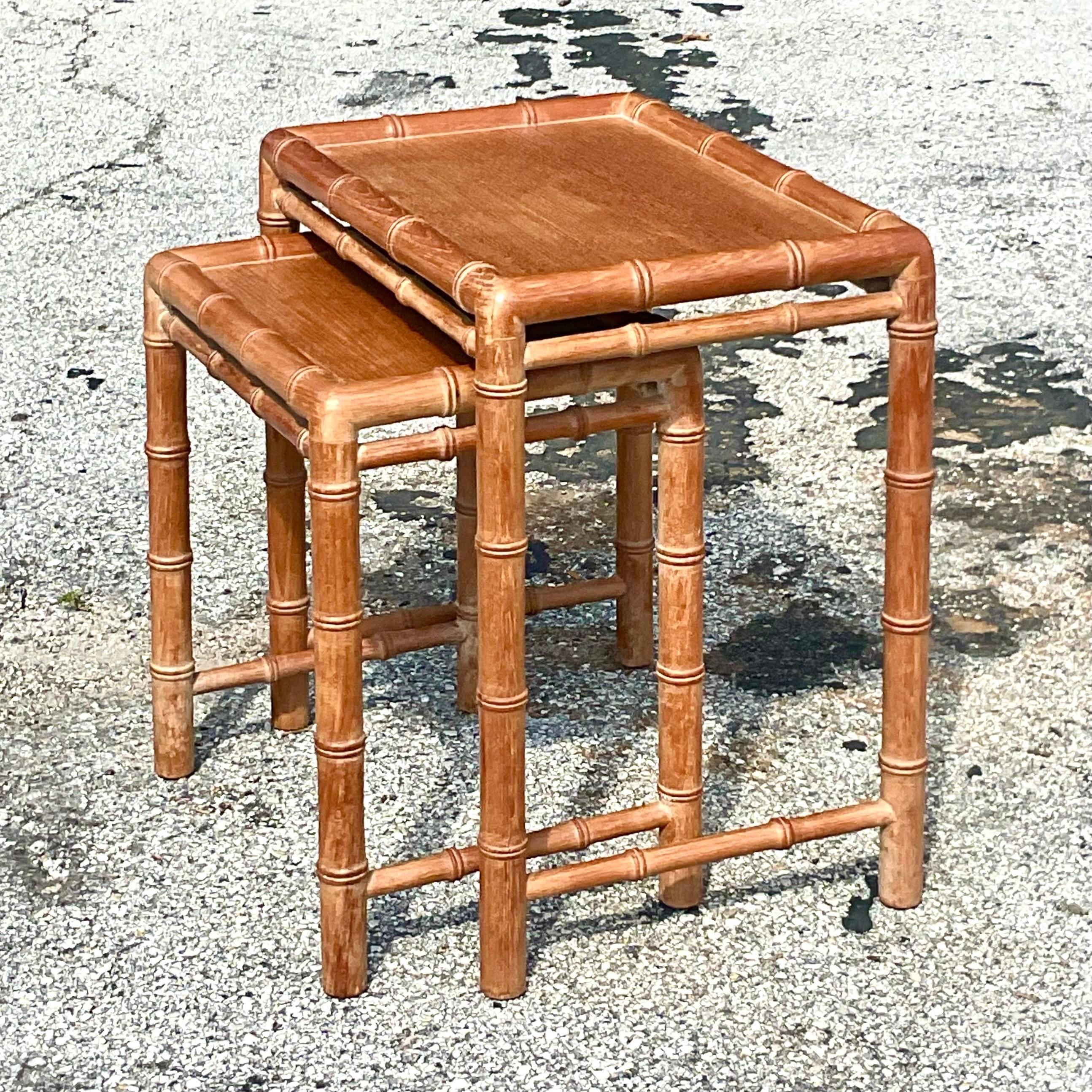 Late 20th Century Vintage Coastal Carved Bamboo Nesting Tables - a Pair 2
