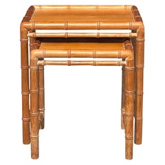 Late 20th Century Vintage Coastal Carved Bamboo Nesting Tables - a Pair
