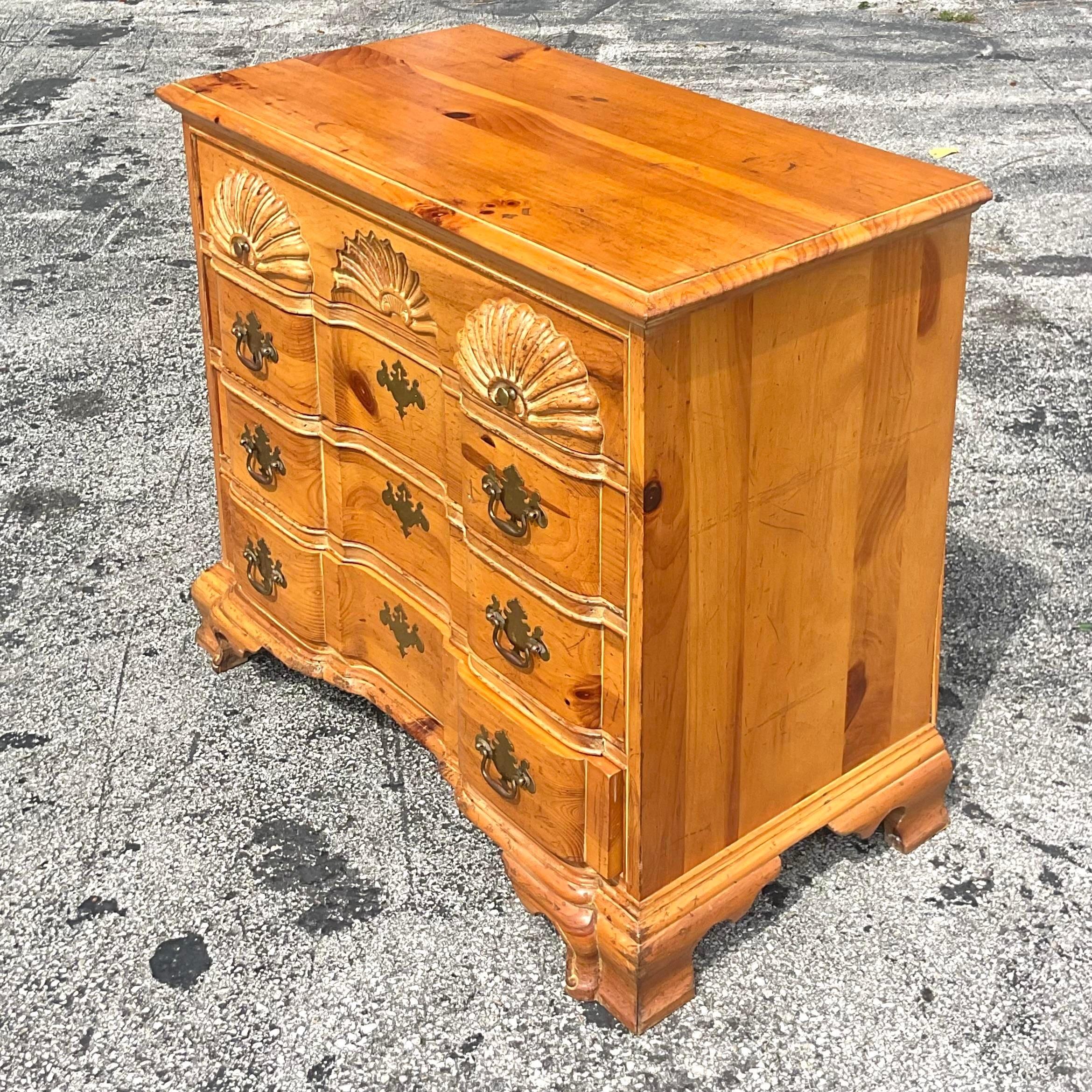 American Late 20th Century Vintage Coastal Carved Clam Shell Knotty Pine Chest of Drawers For Sale