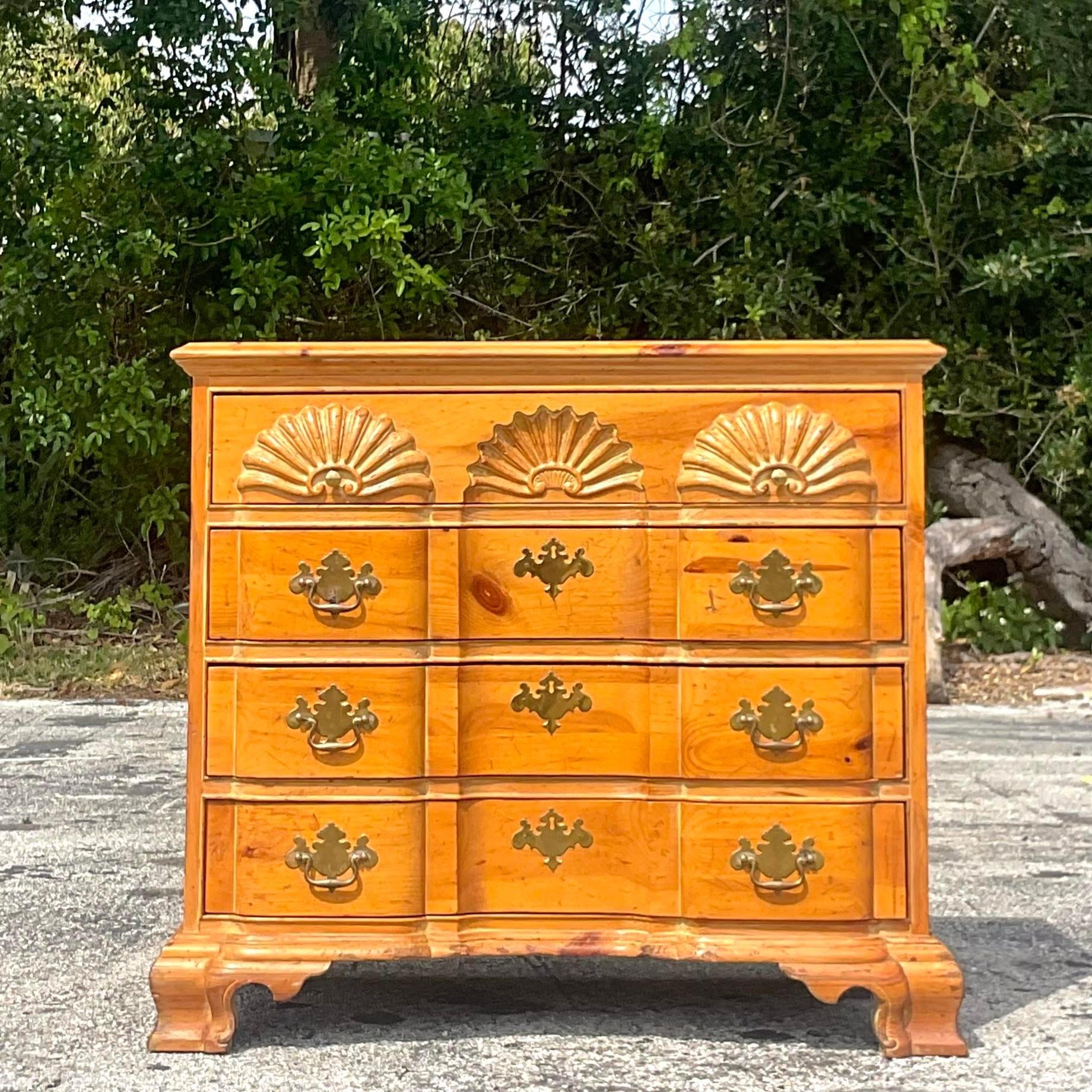 Late 20th Century Vintage Coastal Carved Clam Shell Knotty Pine Chest of Drawers In Good Condition For Sale In west palm beach, FL