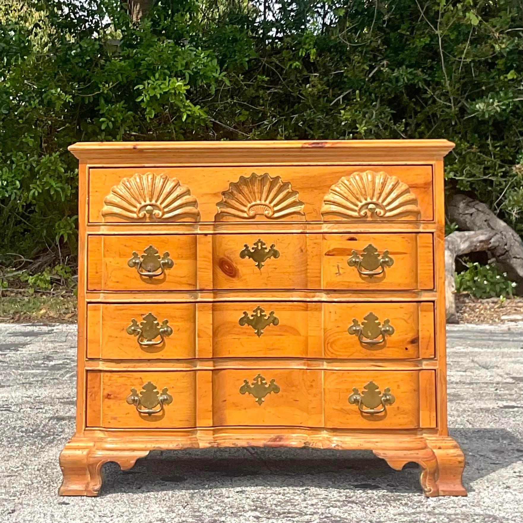 Pink Coral Late 20th Century Vintage Coastal Carved Clam Shell Knotty Pine Chest of Drawers For Sale