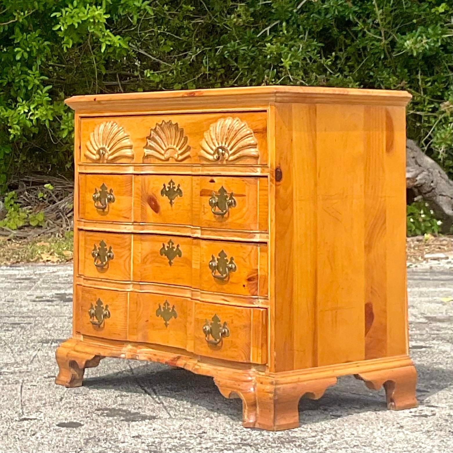 Late 20th Century Vintage Coastal Carved Clam Shell Knotty Pine Chest of Drawers For Sale 1