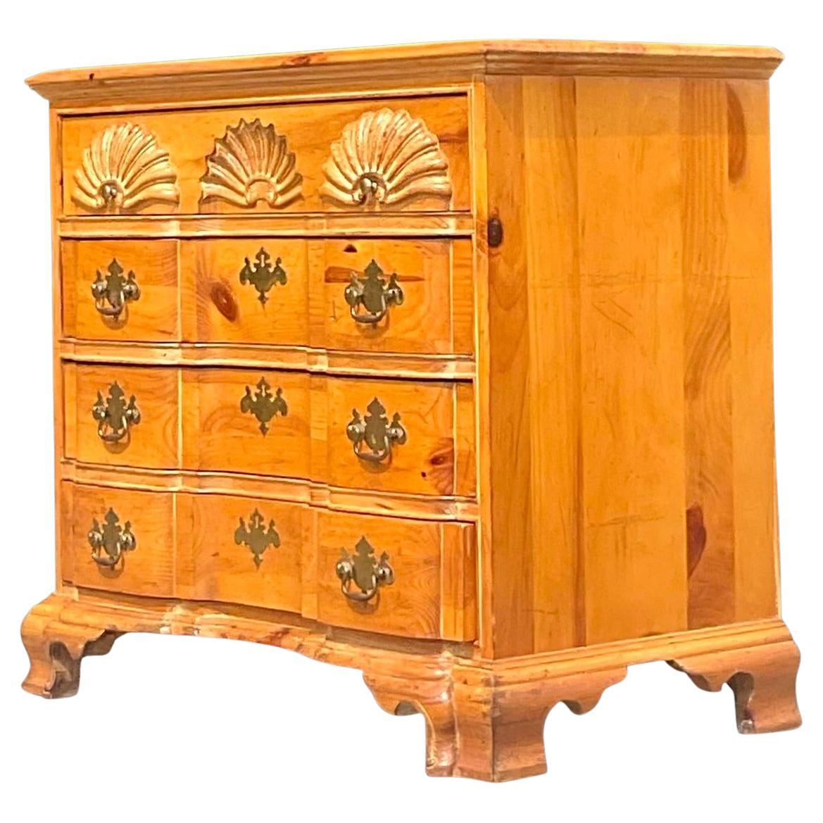 Late 20th Century Vintage Coastal Carved Clam Shell Knotty Pine Chest of Drawers For Sale