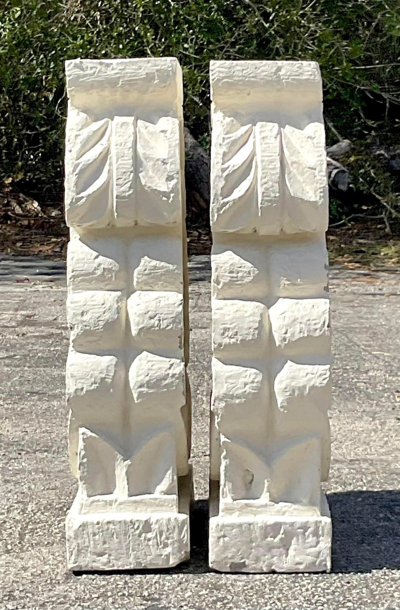 A stunning pair of vintage Coastal dining table pedestals. A chic cast concrete in a painted textured finish. An iconic clam shell design. Perfect as a dining table or also would be a chic console table. You decide! Acquired from a Palm Beach