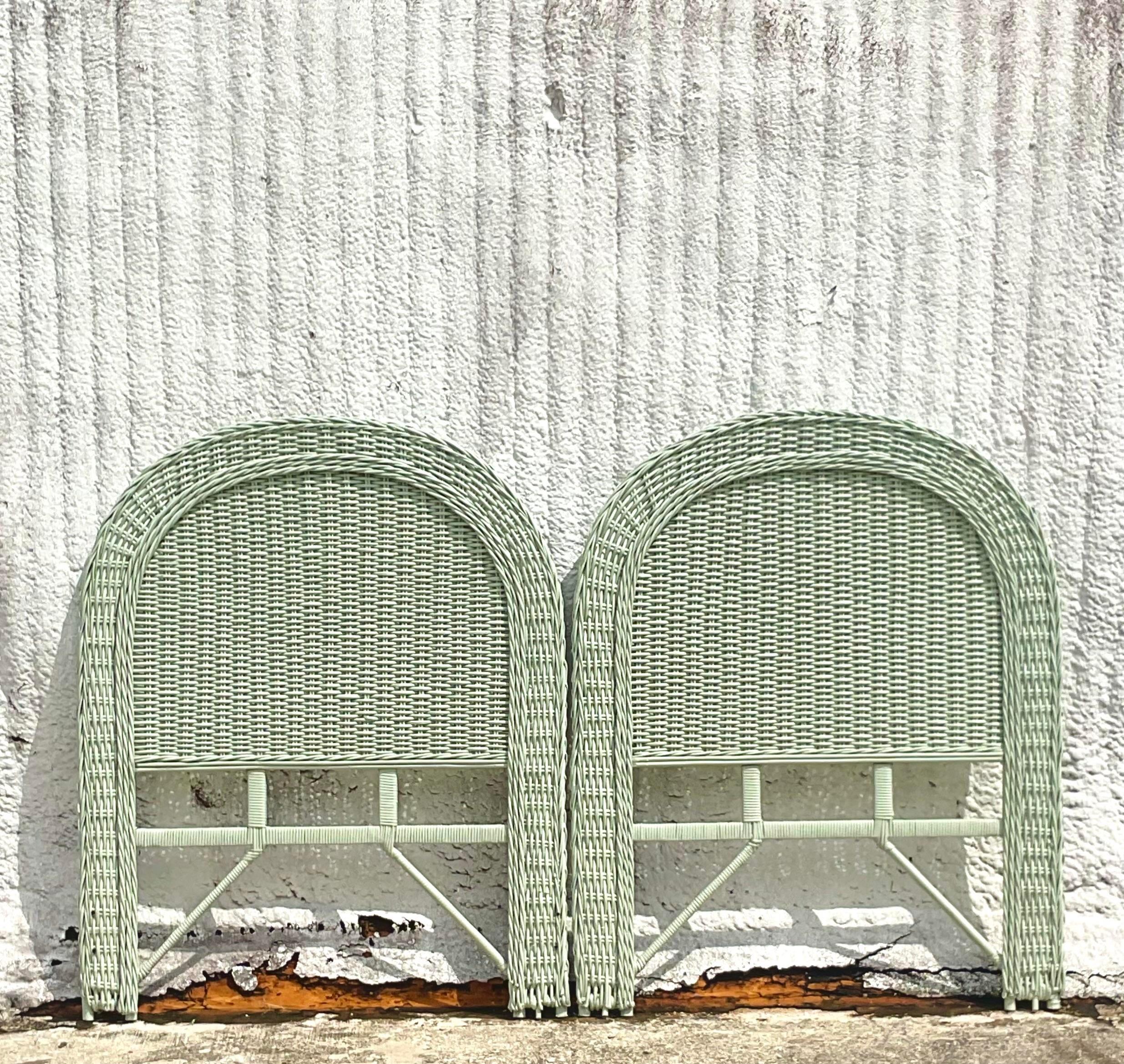 Late 20th Century Vintage Coastal Celedon Woven Rattan Twin Headboards - A Pair In Good Condition In west palm beach, FL