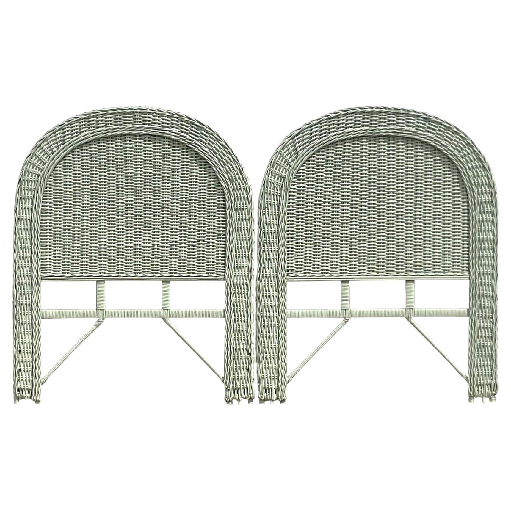 Late 20th Century Vintage Coastal Celedon Woven Rattan Twin Headboards - A Pair For Sale