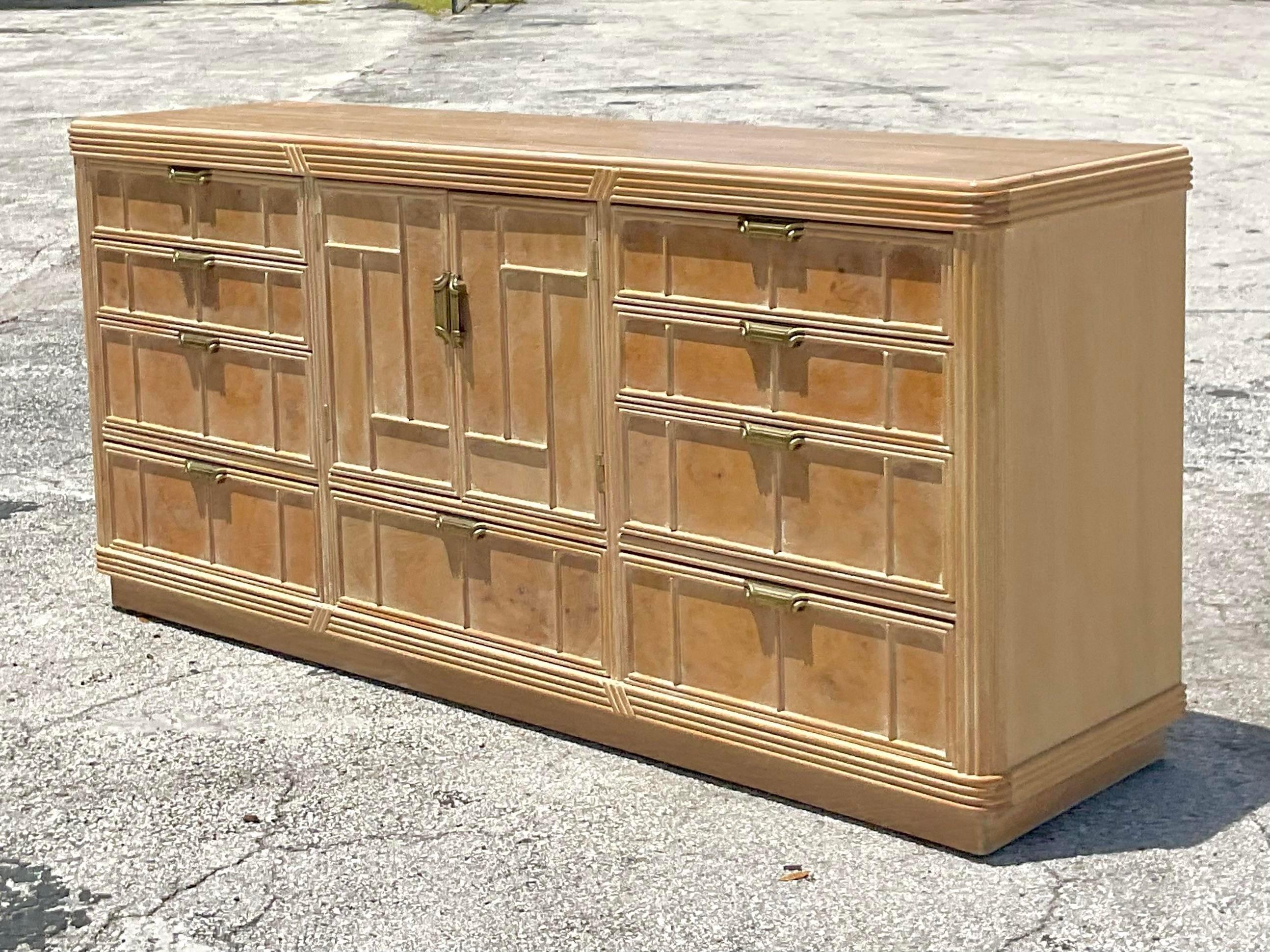 Late 20th Century Vintage Coastal Cerused Burl Wood Credenza In Good Condition In west palm beach, FL
