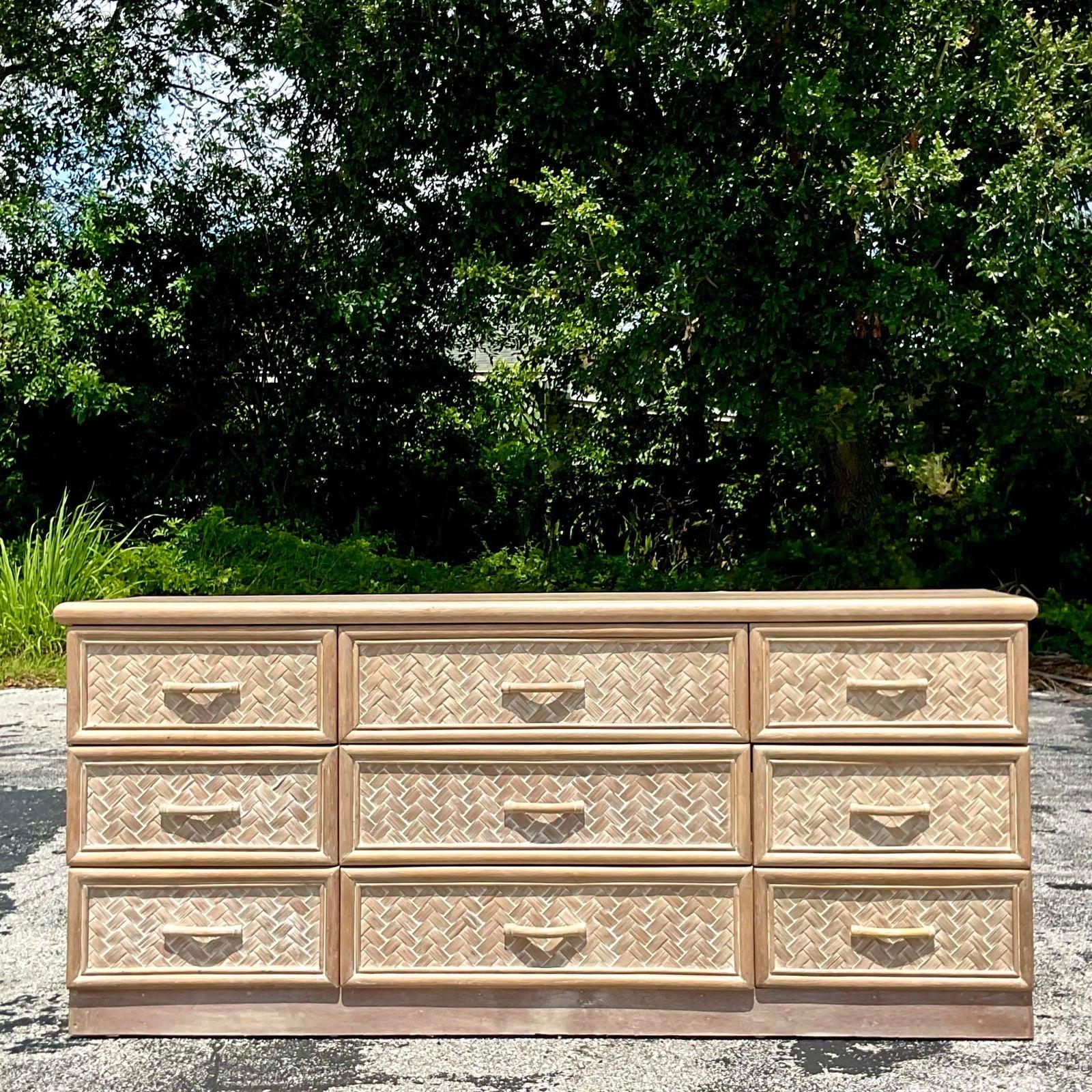 Late 20th Century Vintage Coastal Cerused Parquet Rattan Dresser In Good Condition For Sale In west palm beach, FL