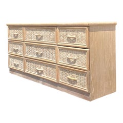 Late 20th Century Retro Coastal Cerused Parquet Rattan Dresser