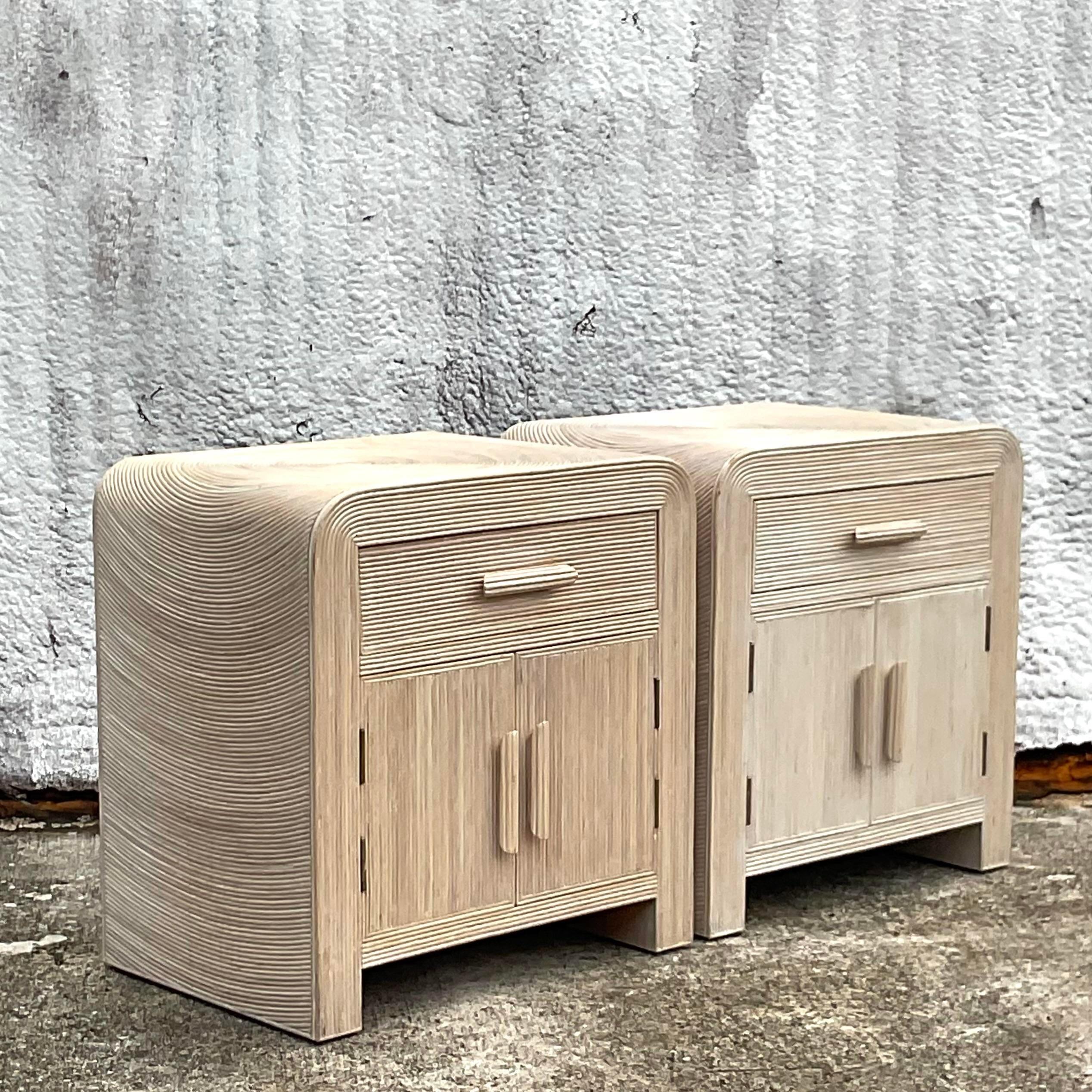 Late 20th Century Vintage Coastal Cerused Pencil Reed Starburst Nightstands-Pair In Good Condition In west palm beach, FL