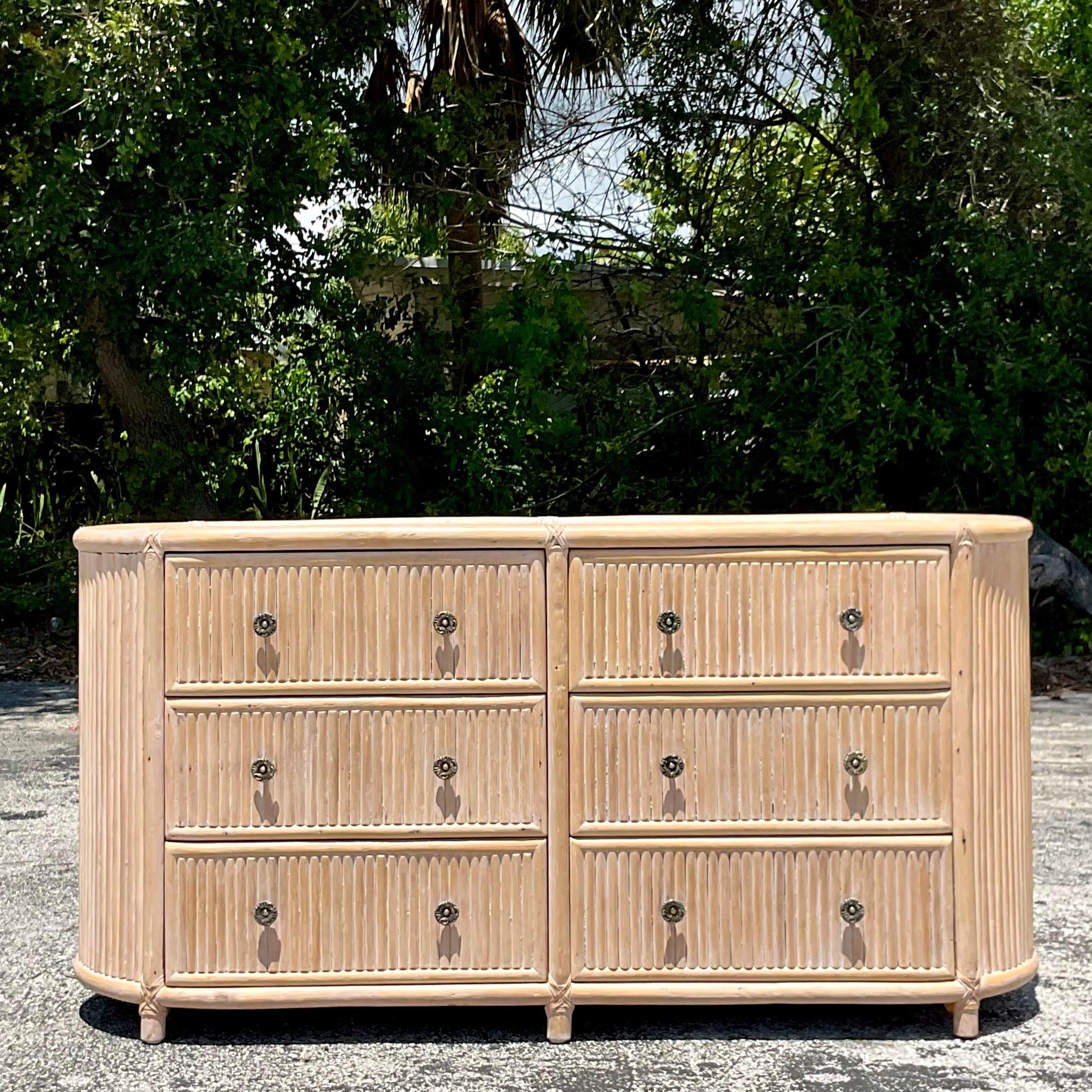 Philippine Late 20th Century Vintage Coastal Cerused Rattan Elliptical Dresser