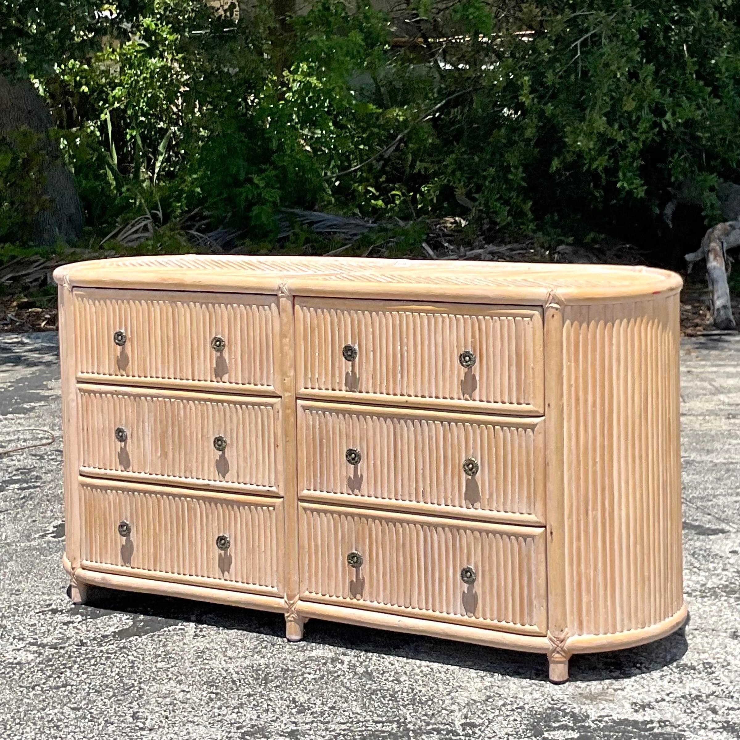 Late 20th Century Vintage Coastal Cerused Rattan Elliptical Dresser In Good Condition In west palm beach, FL