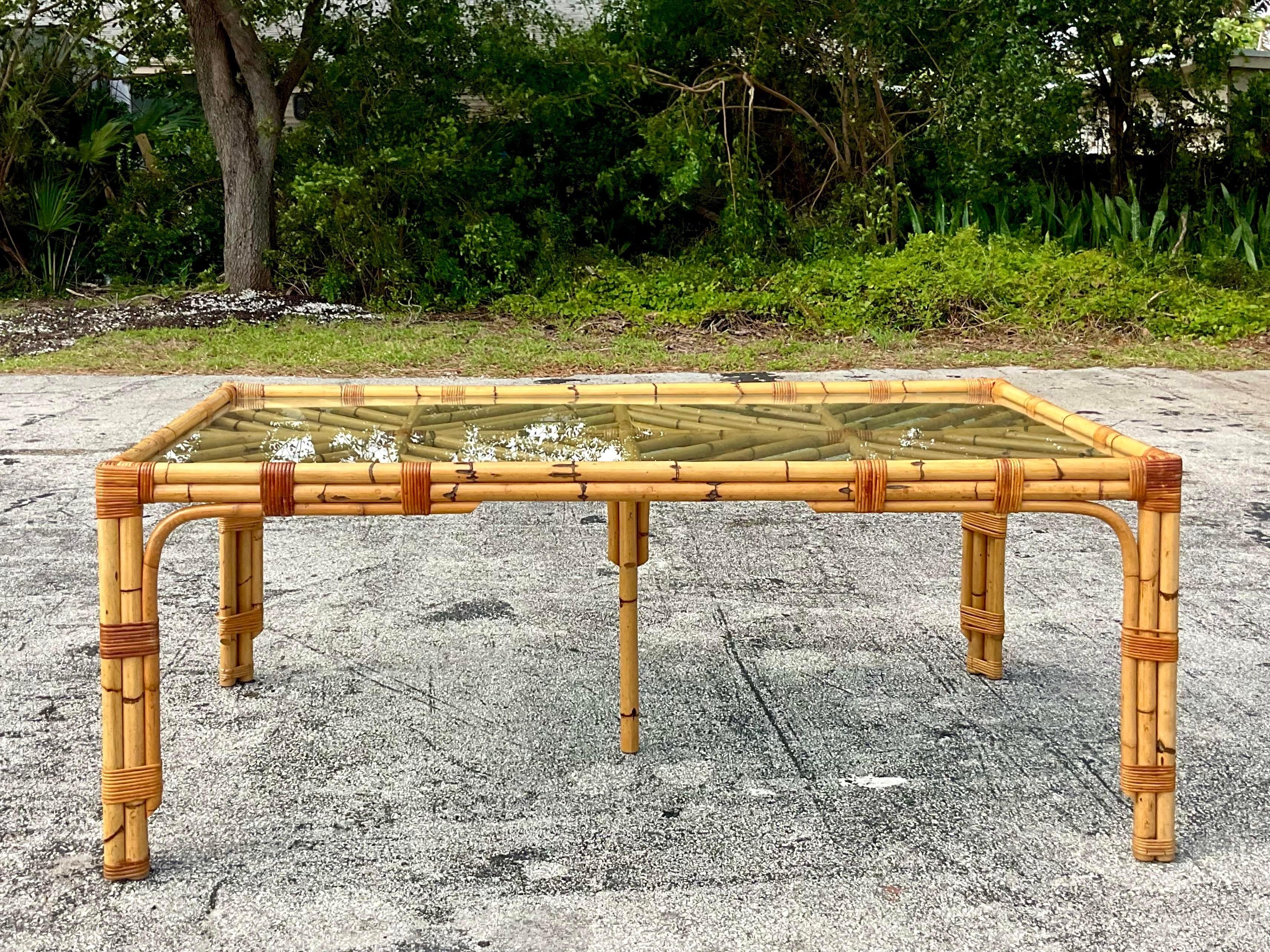 Late 20th Century Vintage Coastal Chevron Bamboo Dining Table In Good Condition In west palm beach, FL