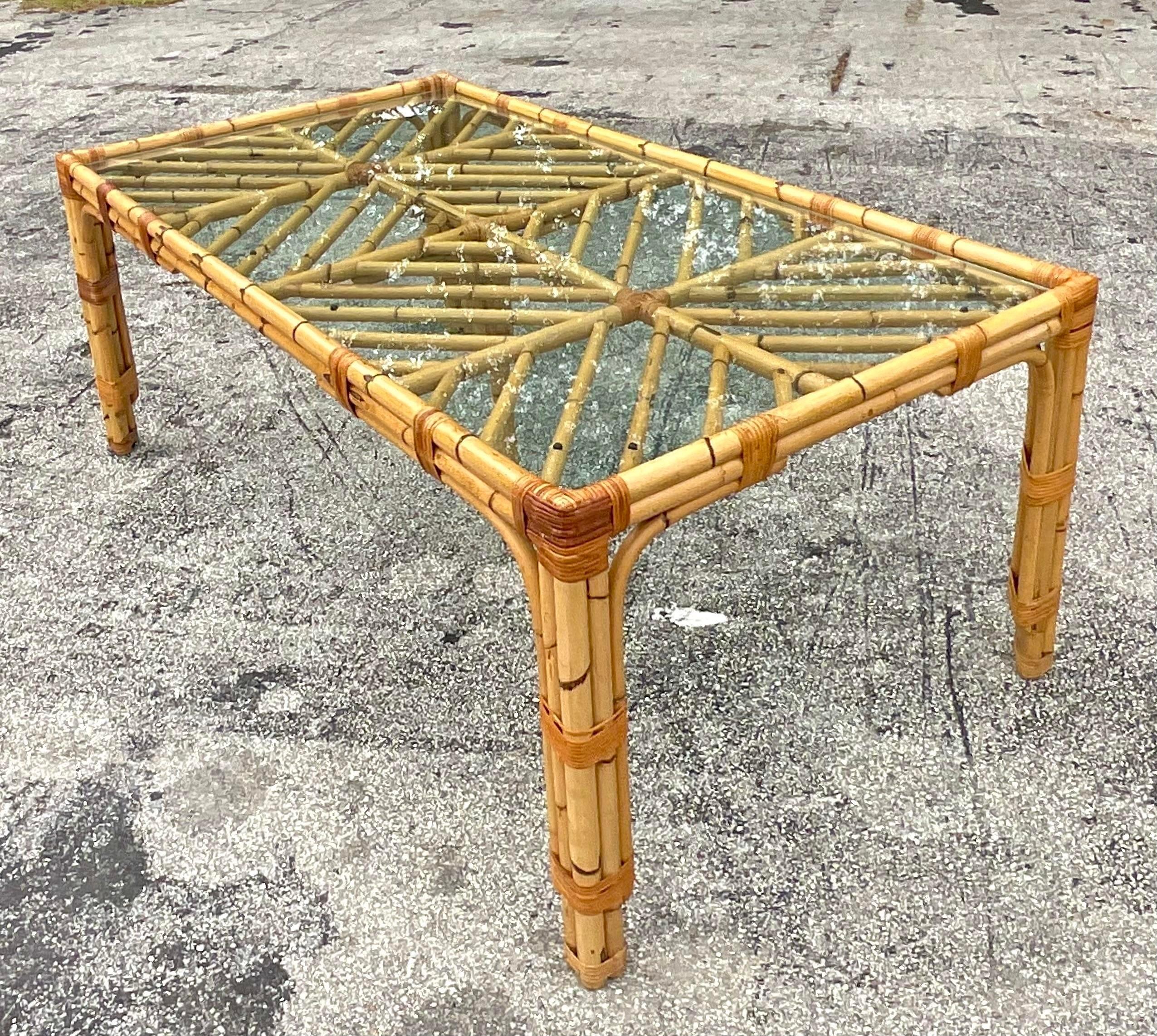 Late 20th Century Vintage Coastal Chevron Bamboo Dining Table 4