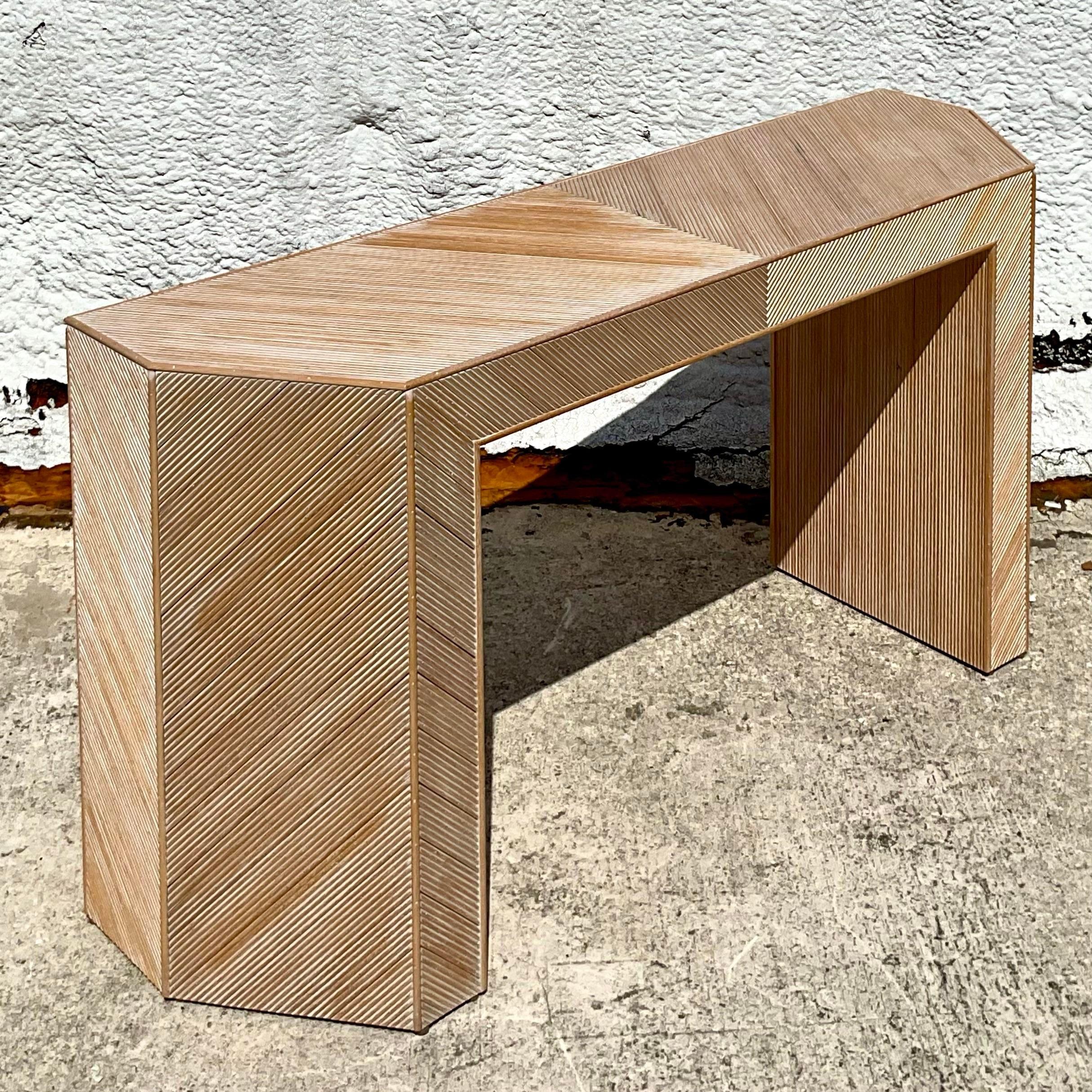 Italian Late 20th Century Vintage Coastal Chevron Pencil Reed Faceted Console Table
