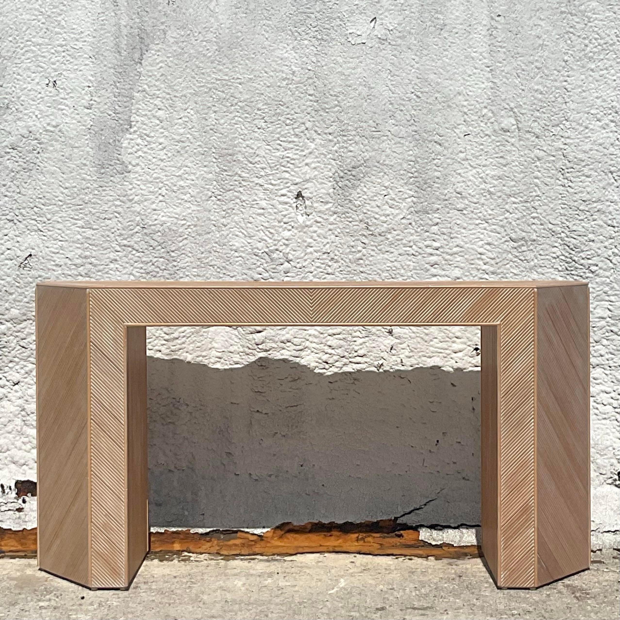 Late 20th Century Vintage Coastal Chevron Pencil Reed Faceted Console Table In Good Condition In West Palm Beach, FL