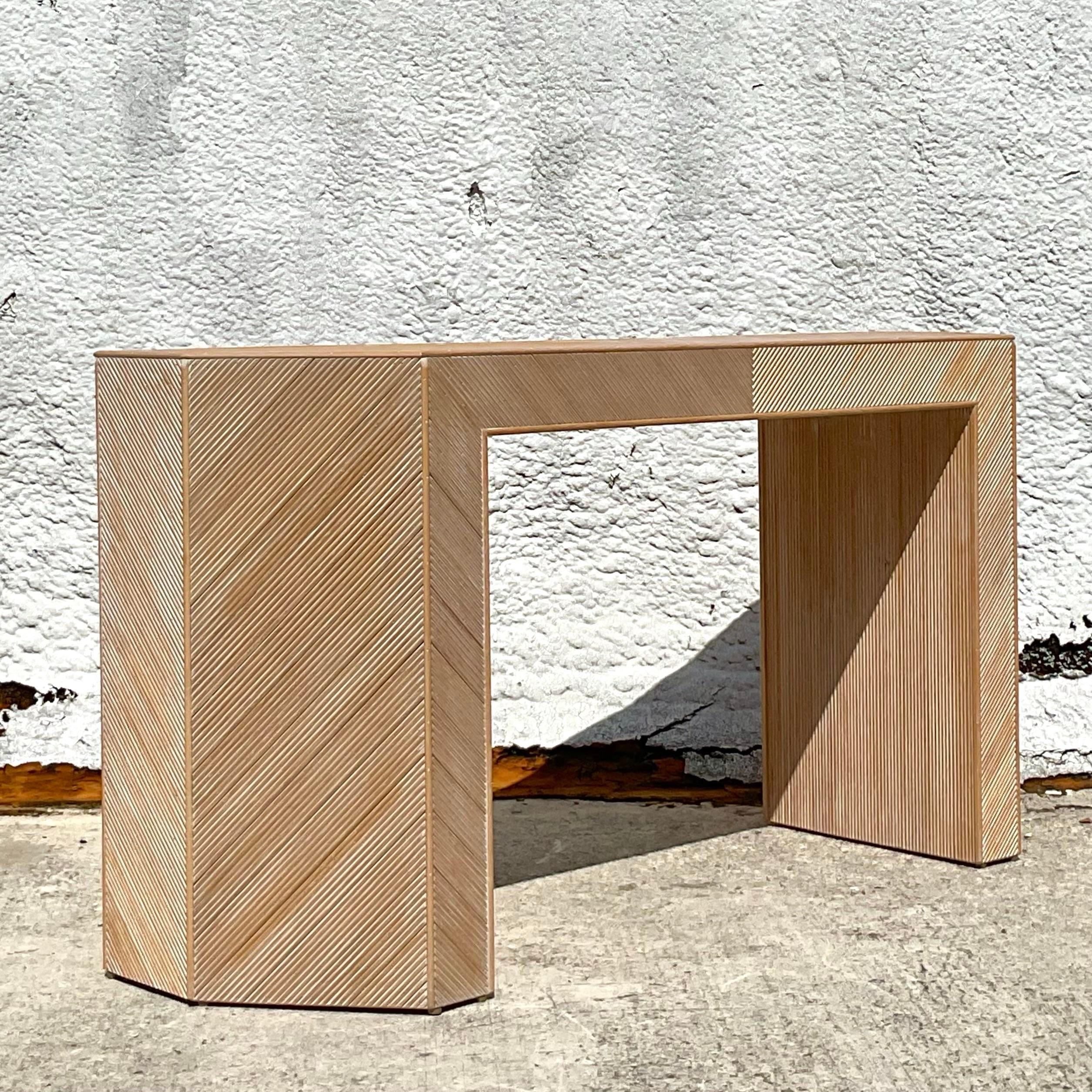 Late 20th Century Vintage Coastal Chevron Pencil Reed Faceted Console Table 3
