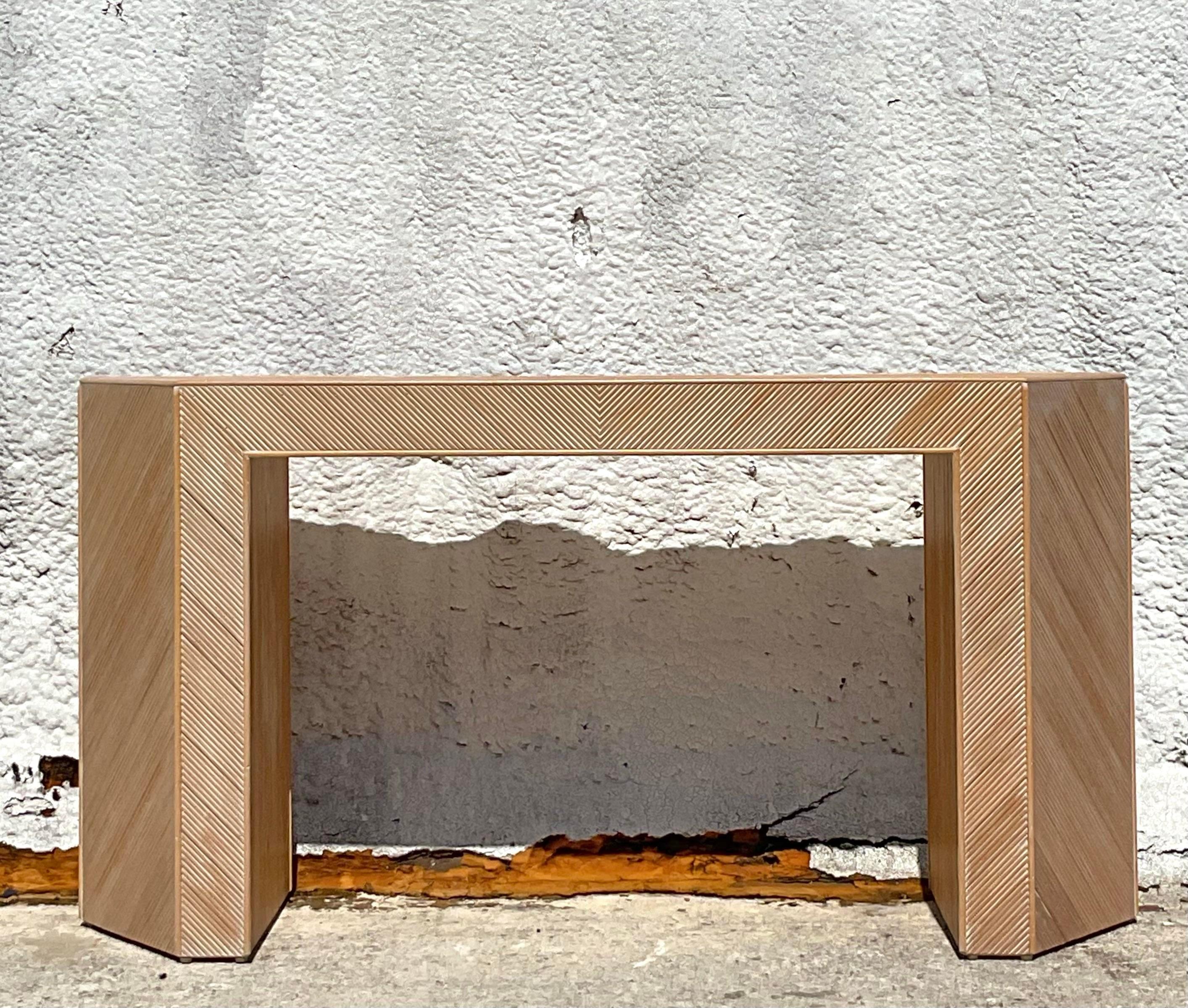 Late 20th Century Vintage Coastal Chevron Pencil Reed Faceted Console Table 4