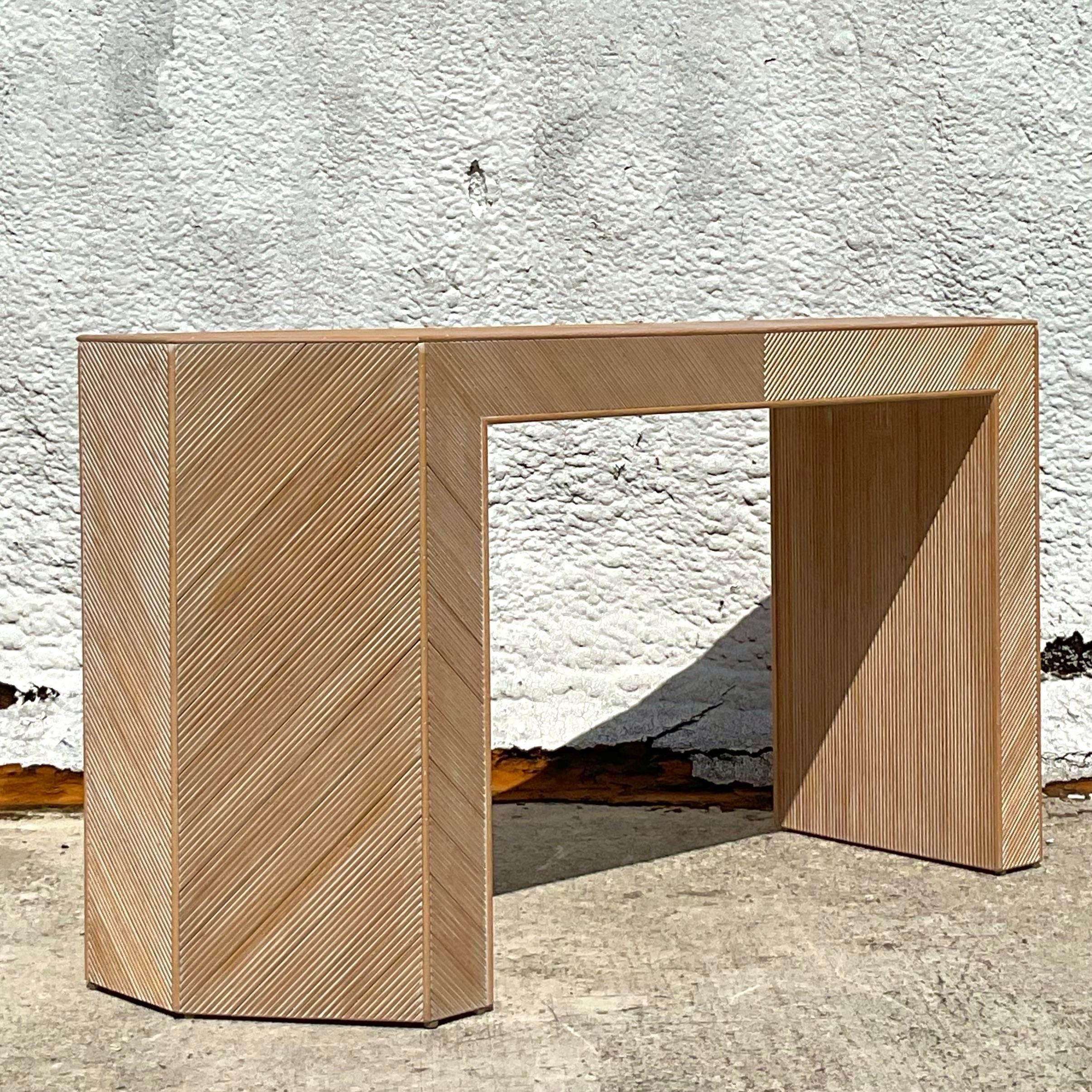 Late 20th Century Vintage Coastal Chevron Pencil Reed Faceted Console Table 5