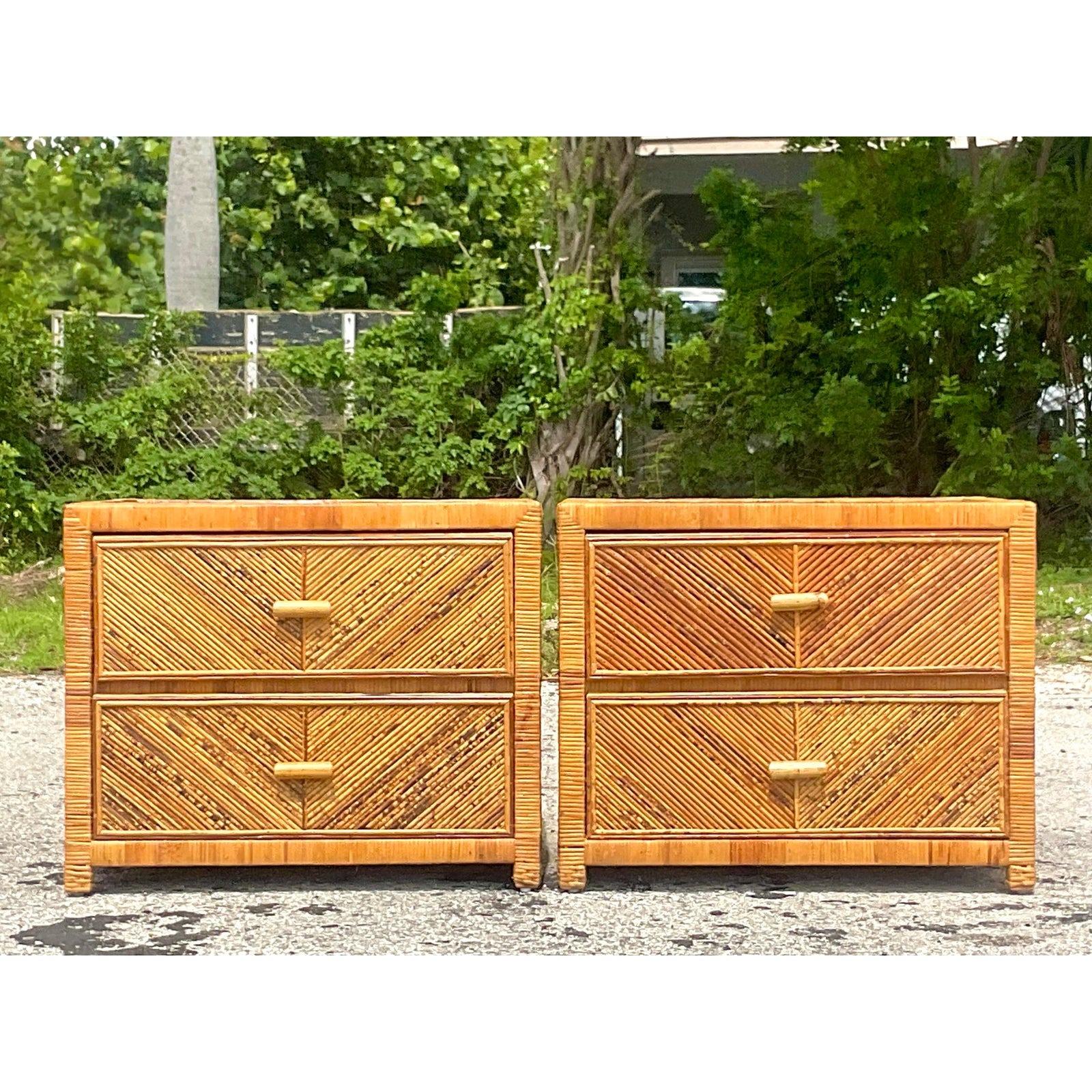 Philippine Late 20th Century Vintage Coastal Chevron Pencil Reed Nightstands - a Pair