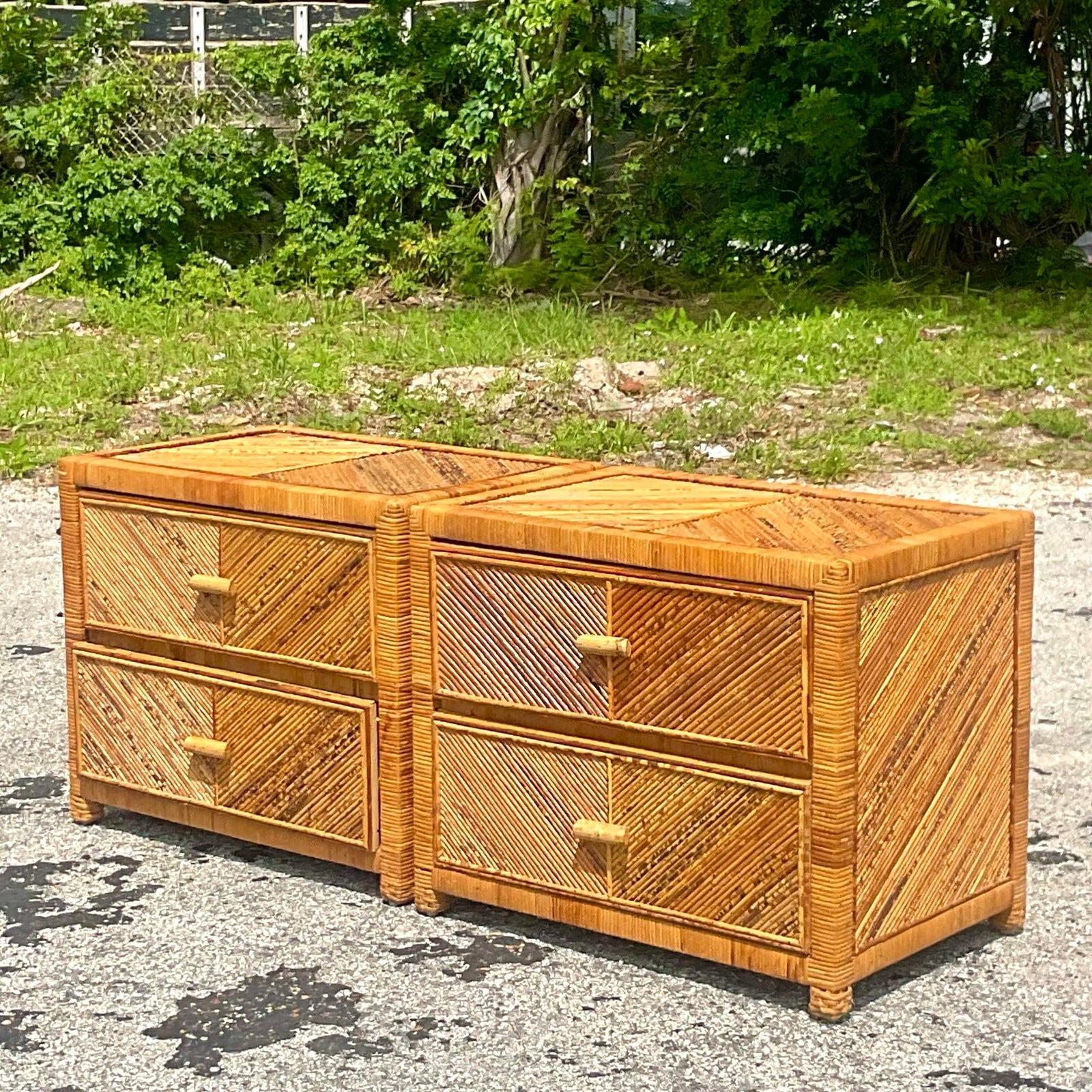 Late 20th Century Vintage Coastal Chevron Pencil Reed Nightstands - a Pair In Good Condition In west palm beach, FL