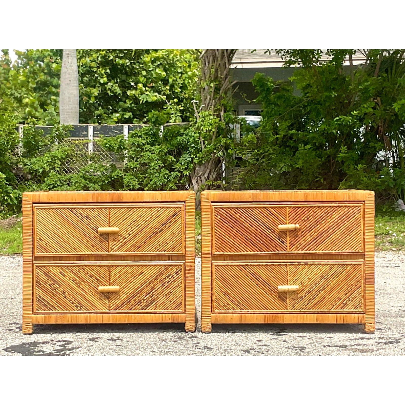 Late 20th Century Vintage Coastal Chevron Pencil Reed Nightstands - a Pair 1