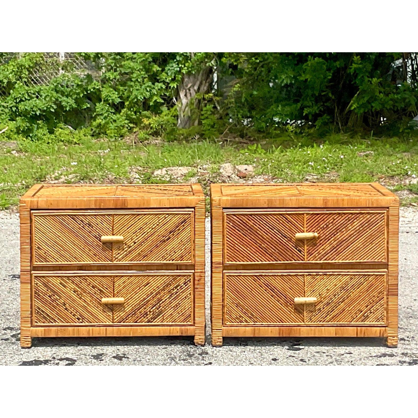 Late 20th Century Vintage Coastal Chevron Pencil Reed Nightstands - a Pair 3