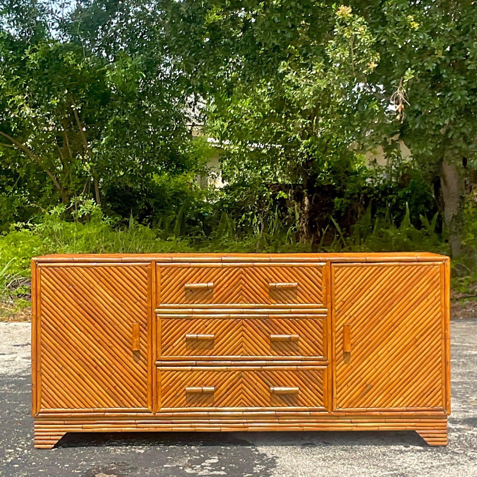 Late 20th Century Vintage Coastal Chevron Rattan Credenza In Good Condition In West Palm Beach, FL