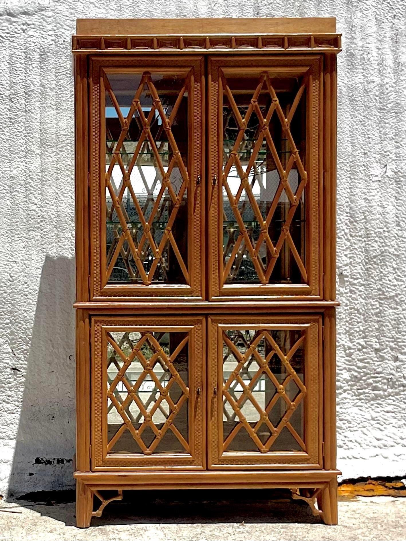 Glass Late 20th Century Vintage Coastal Chinese Chippendale Cabinet For Sale