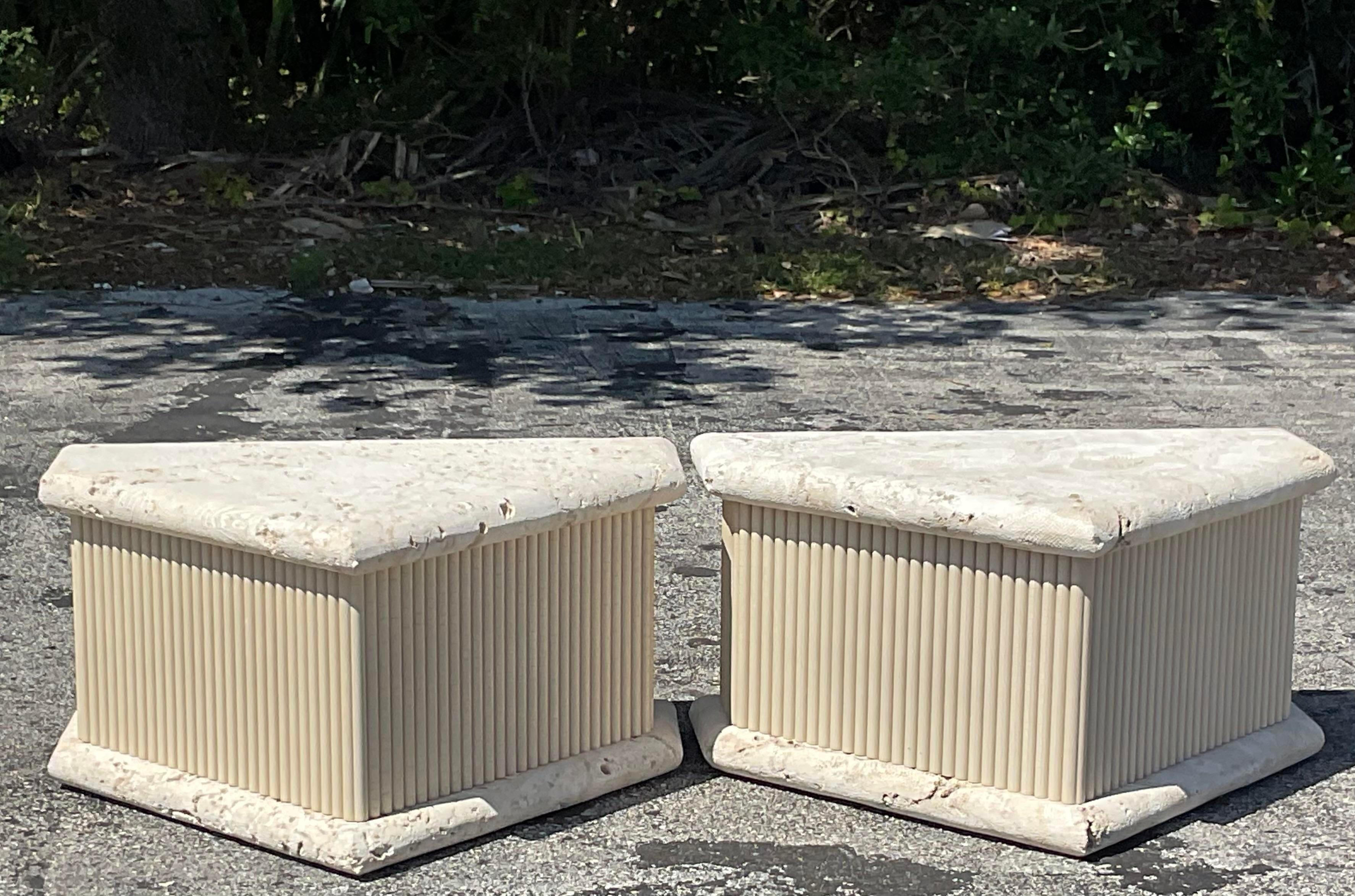 Infuse your space with coastal nostalgia using this pair of Vintage Coquina Stone side tables. With their natural textures and rugged beauty, these tables epitomize American coastal style, offering a touch of seaside allure to any room. Elevate your