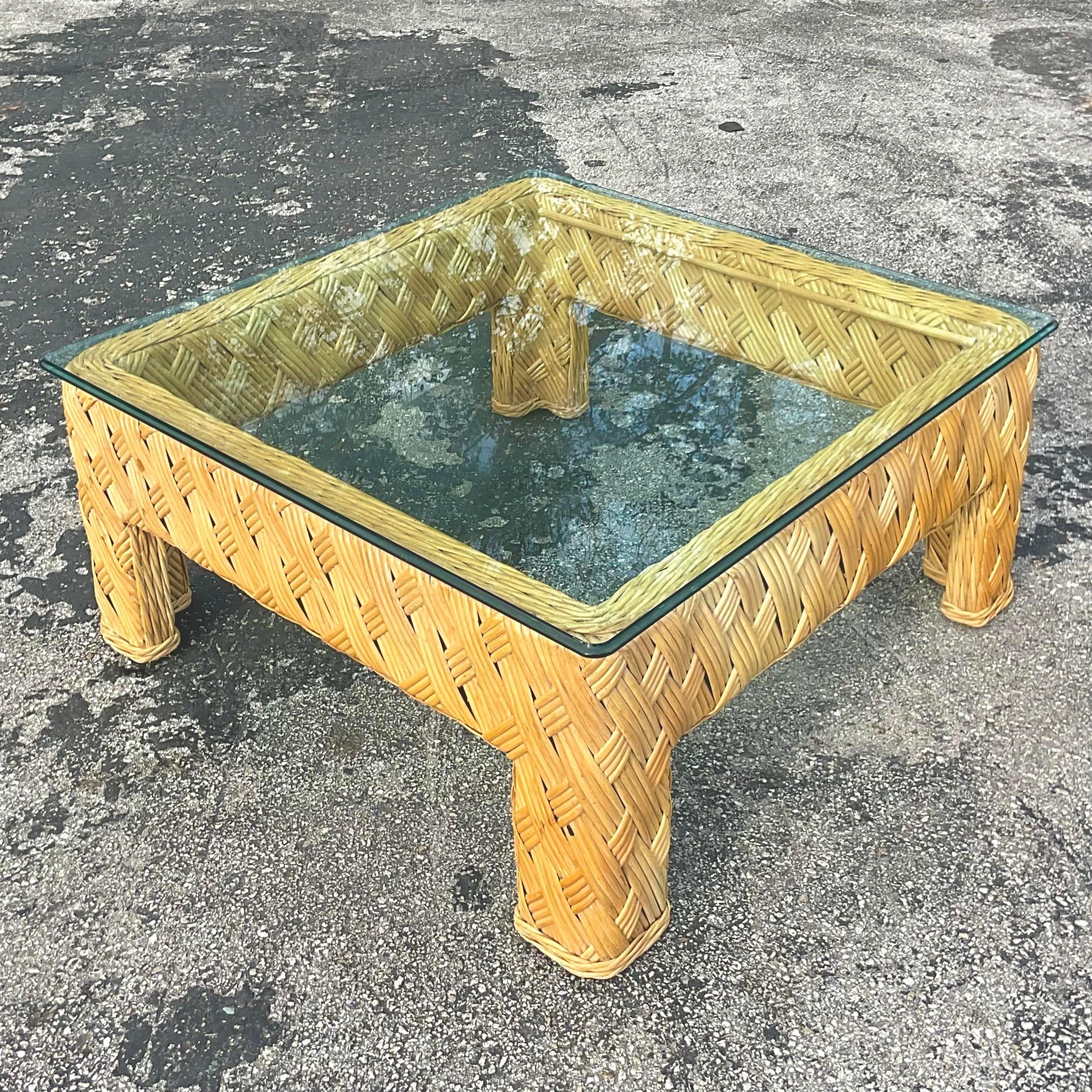 Philippine Late 20th Century Vintage Coastal Crosshatch Woven Rattan Coffee Table For Sale