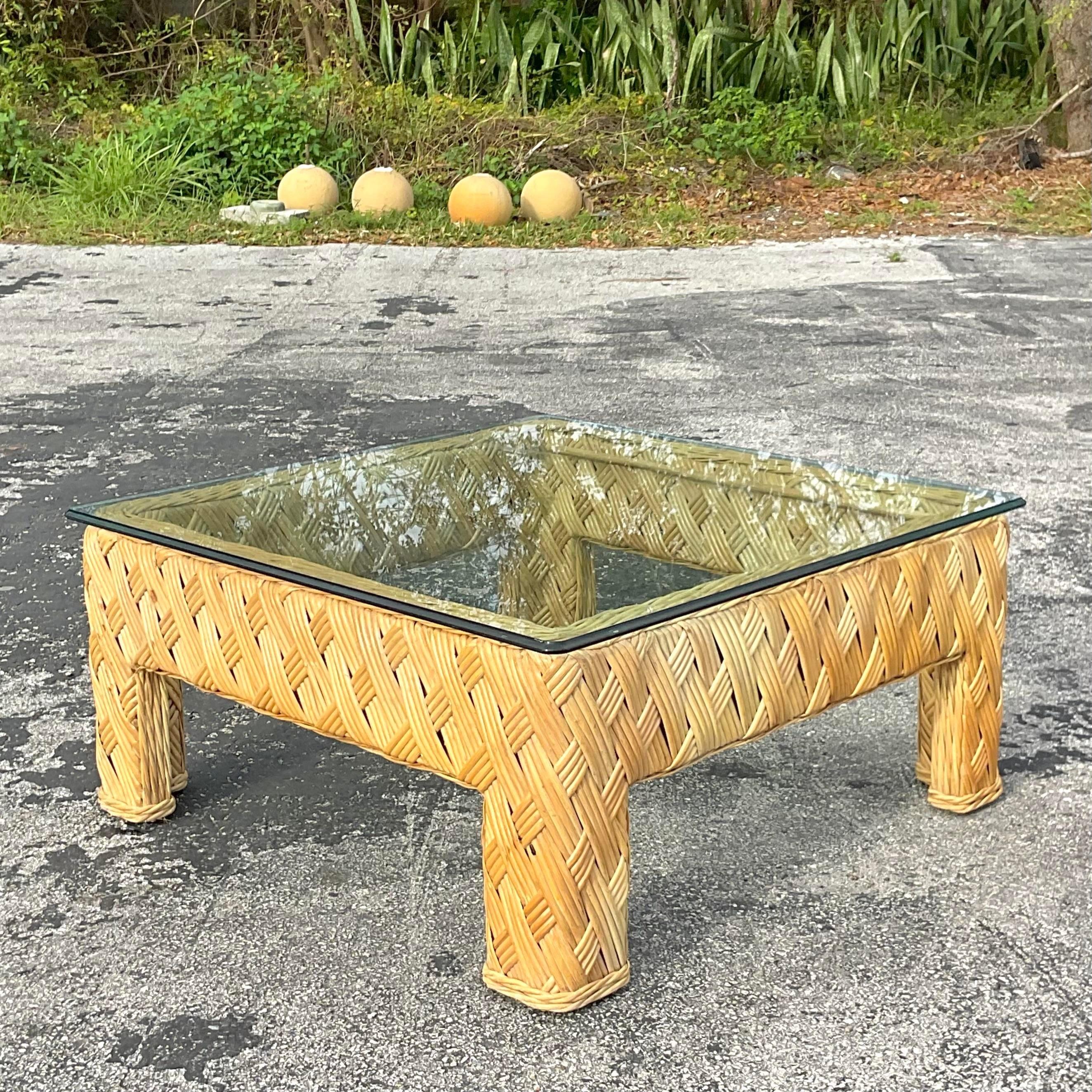 Late 20th Century Vintage Coastal Crosshatch Woven Rattan Coffee Table In Good Condition For Sale In west palm beach, FL