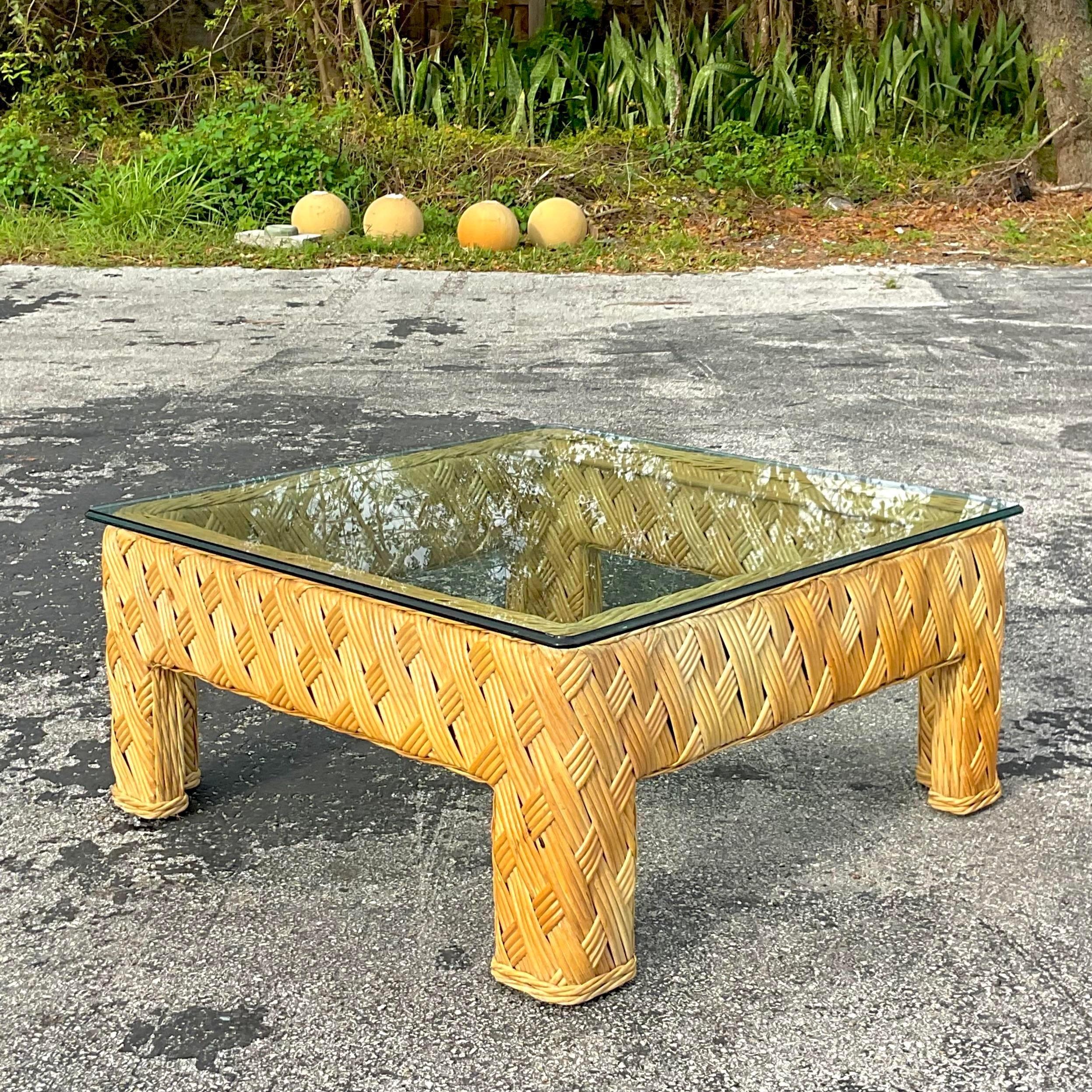 Late 20th Century Vintage Coastal Crosshatch Woven Rattan Coffee Table For Sale 1