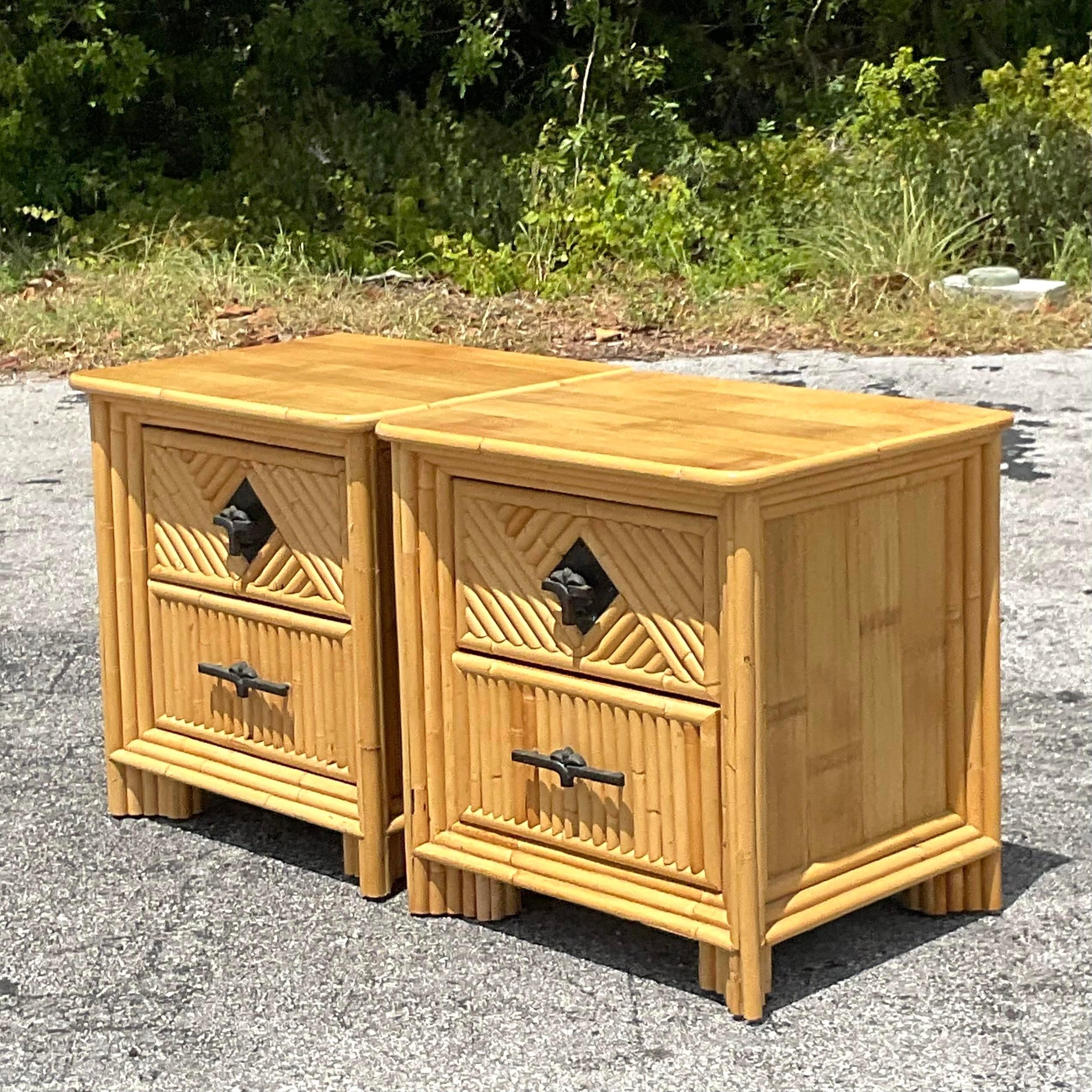 Philippine Late 20th Century Vintage Coastal Diamond Rattan Nightstands - a Pair For Sale