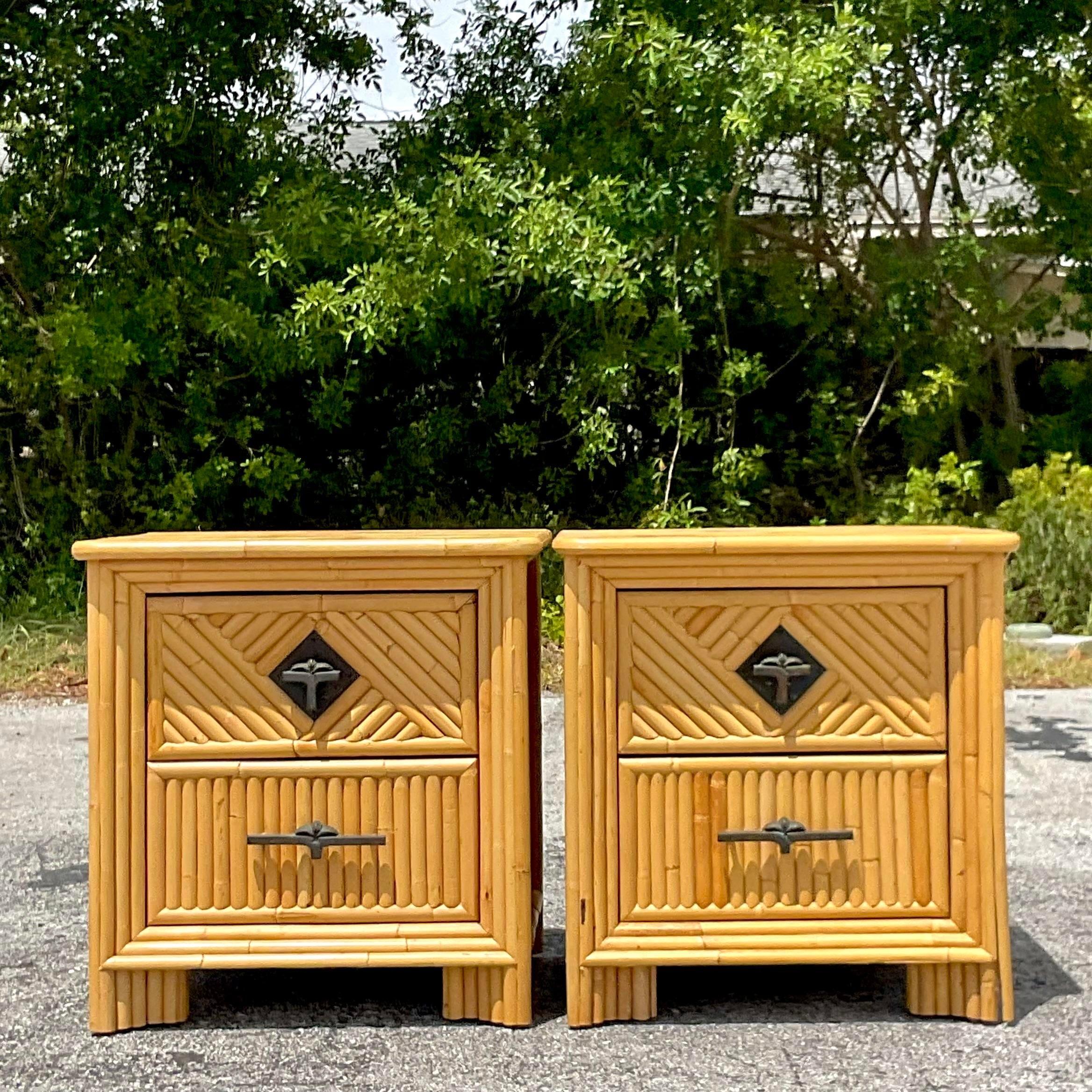 Late 20th Century Vintage Coastal Diamond Rattan Nightstands - a Pair In Good Condition For Sale In west palm beach, FL