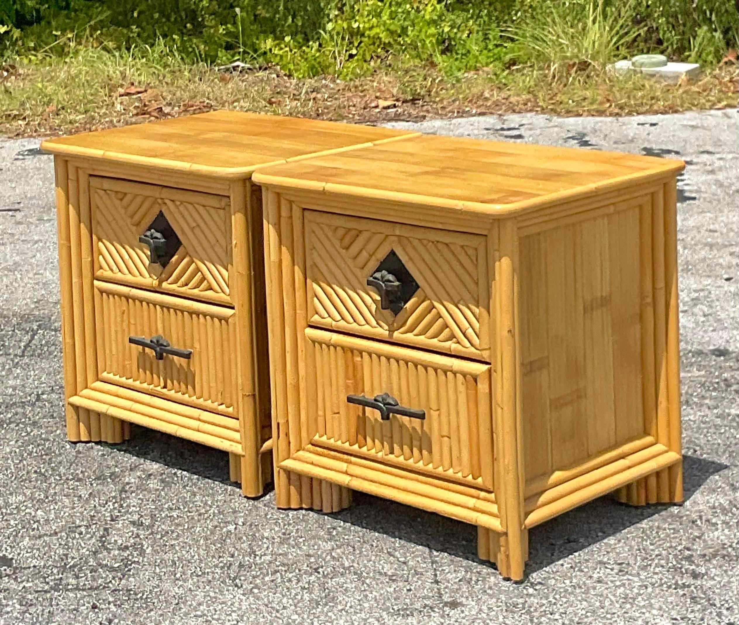 Metal Late 20th Century Vintage Coastal Diamond Rattan Nightstands - a Pair For Sale