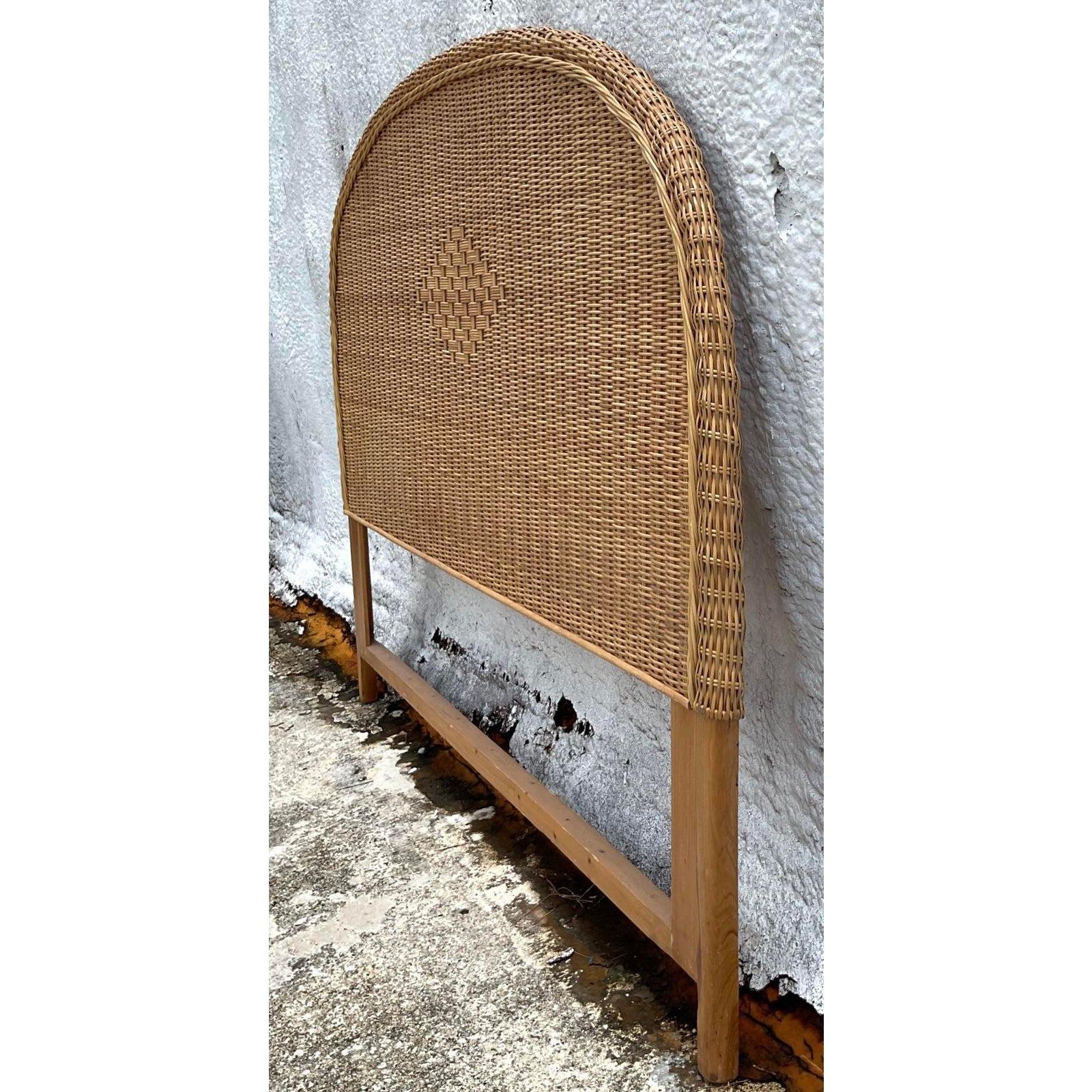 A fabulous vintage Costal Queen headboard. A chic woven rattan in a diamond design. Acquired from a Palm Beach estate.