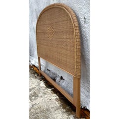 Late 20th Century Vintage Coastal Diamond Weave Rattan Arched Queen Headboard