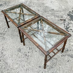 Late 20th Century Vintage Coastal Faux Bamboo Side Tables - a Pair