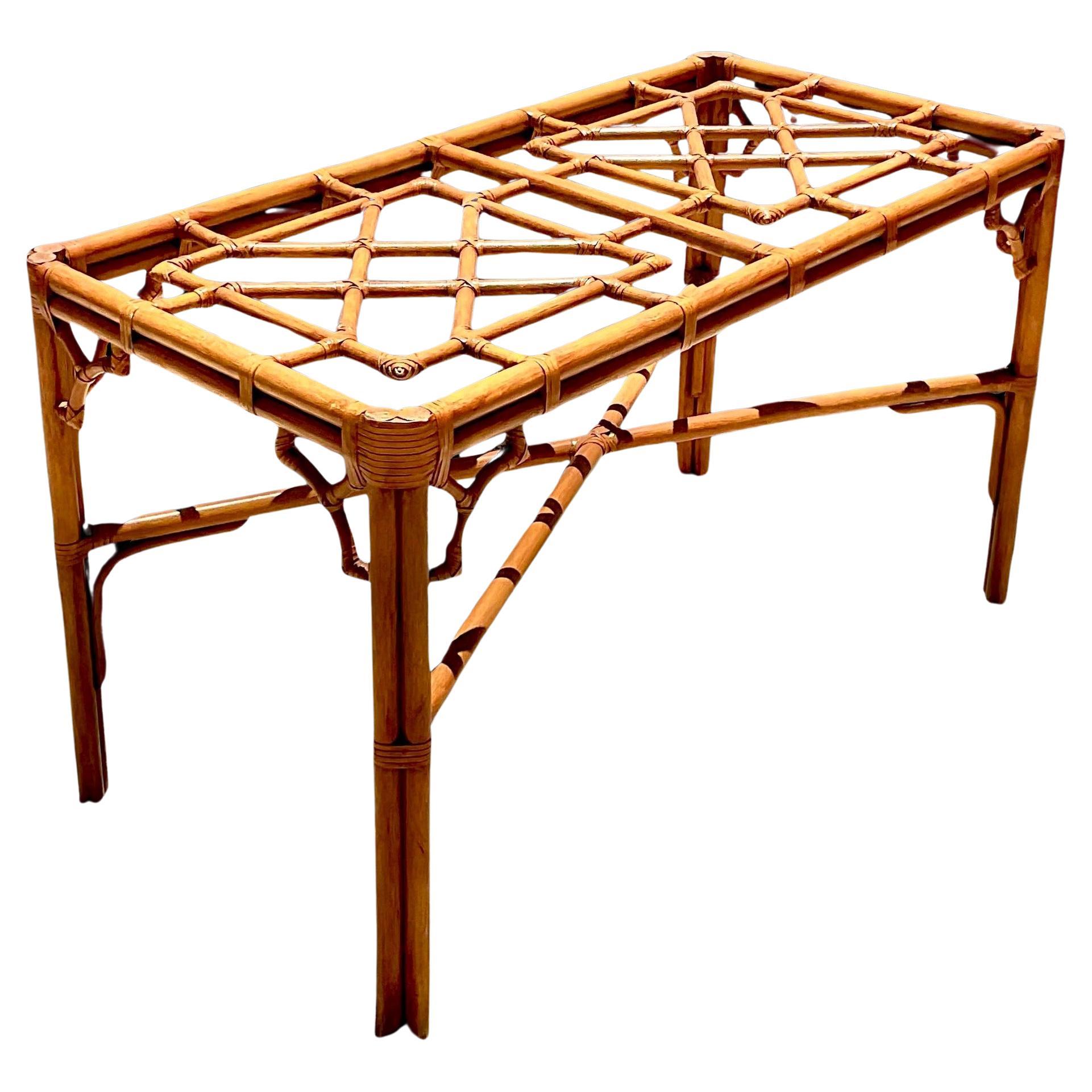 Pedestal de mesa de comedor de ratán calado costero vintage de finales del siglo XX