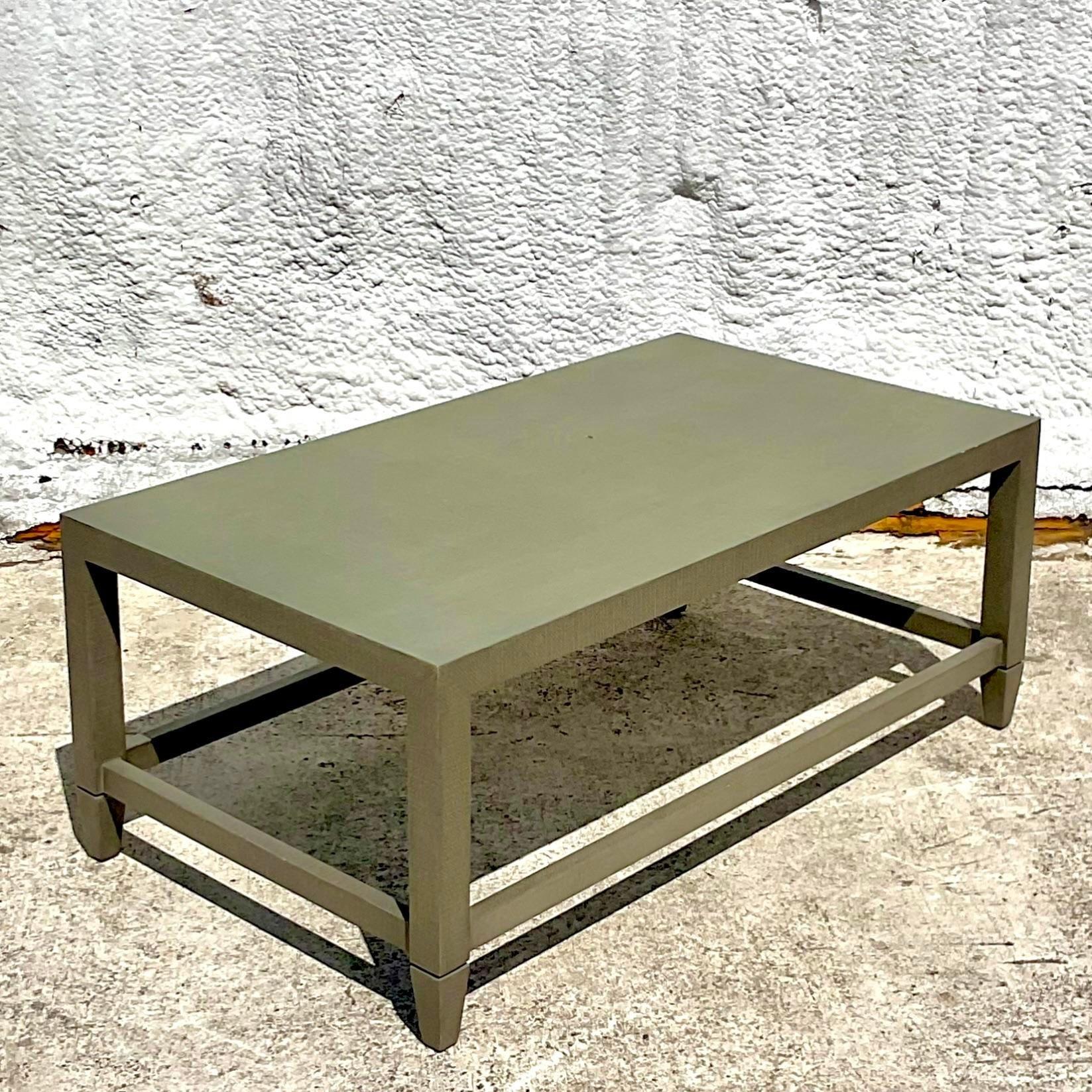 American Late 20th Century Vintage Coastal Grasscloth Coffee Table For Sale