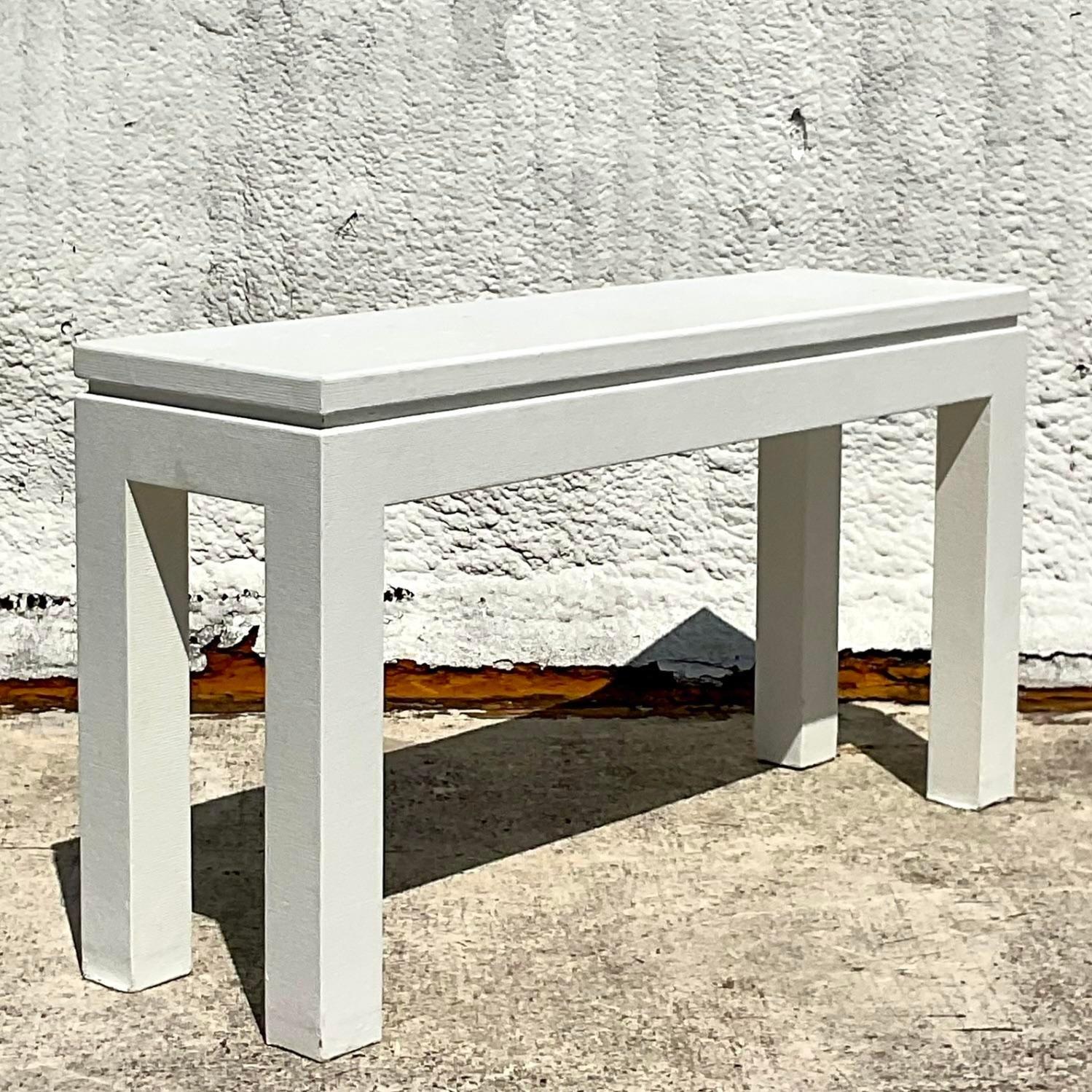 Late 20th Century Vintage Coastal Grasscloth Console Table After Karl Springer In Good Condition For Sale In west palm beach, FL