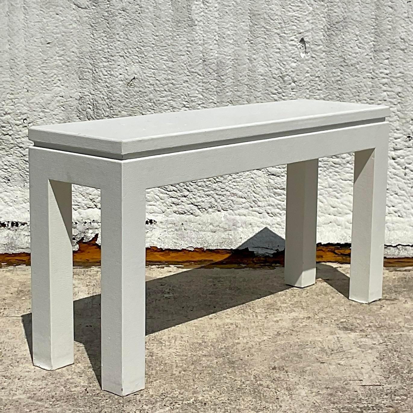 Late 20th Century Vintage Coastal Grasscloth Console Table After Karl Springer For Sale 1