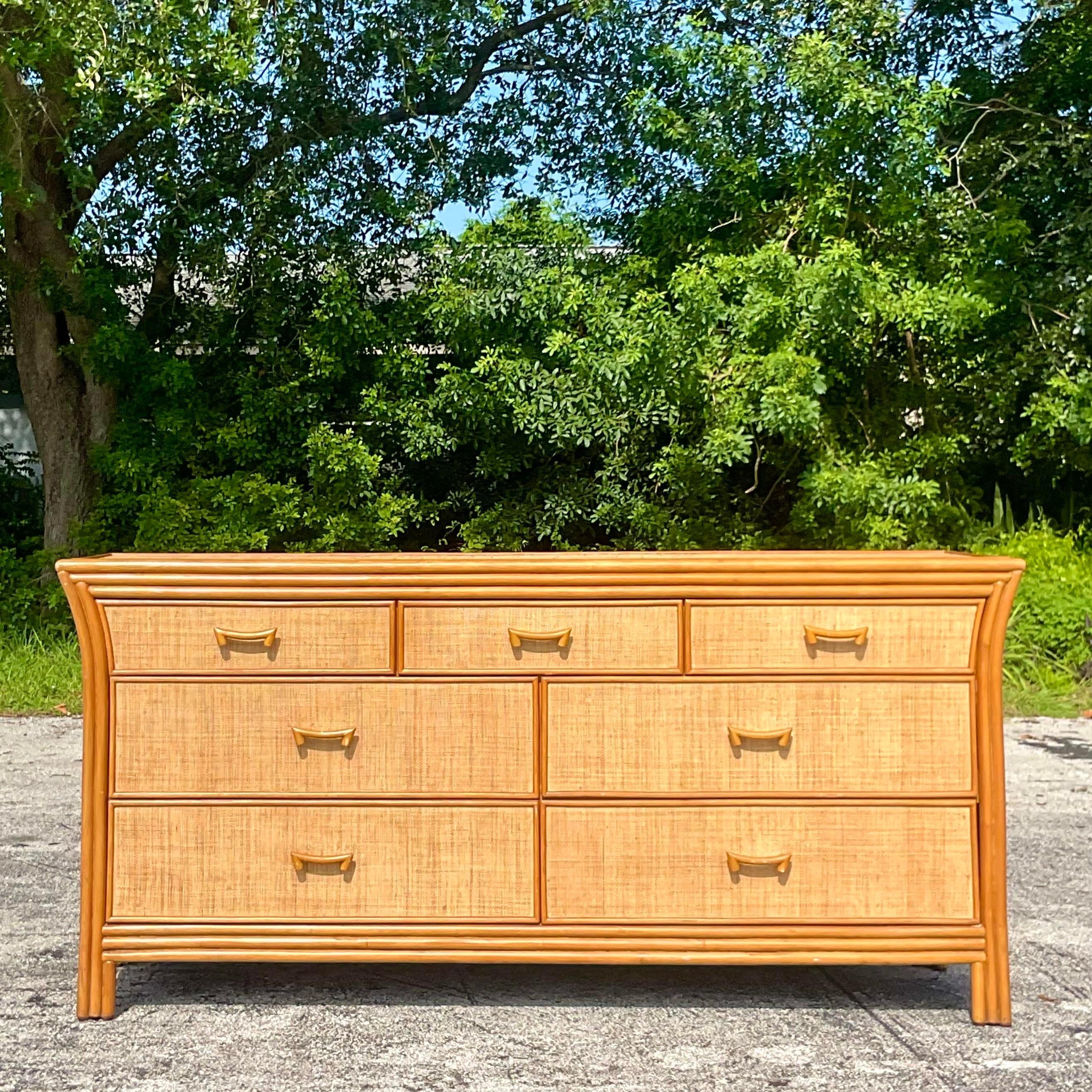 Late 20th Century Vintage Coastal Grasscloth Dresser In Good Condition For Sale In west palm beach, FL