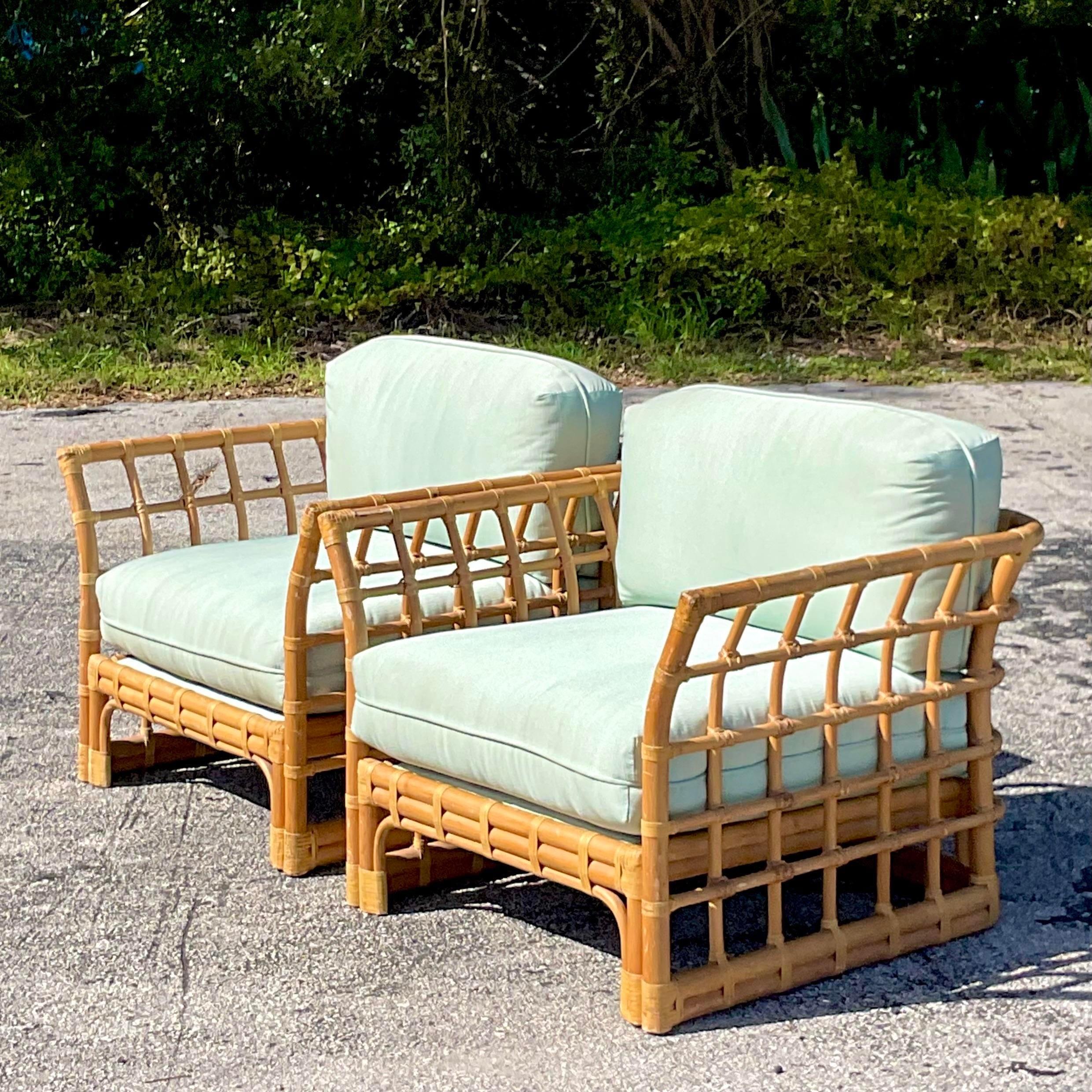 Late 20th Century Vintage Coastal Grid Rattan Lounge Chairs - a Pair In Good Condition In west palm beach, FL